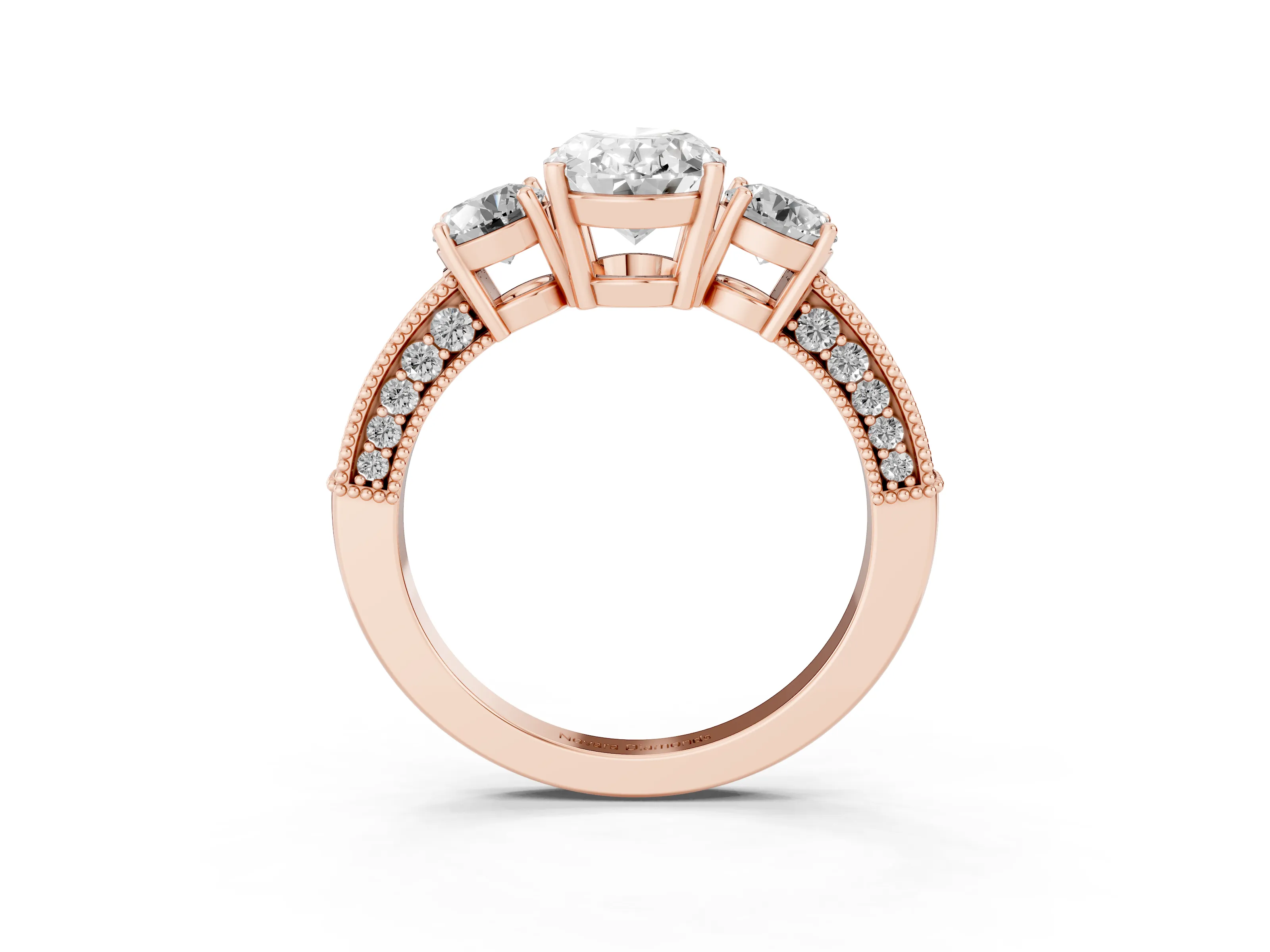 Oval Cut Diamond Three-Stone Ring Set in Rose gold with Round Side Stones and Pavé Band