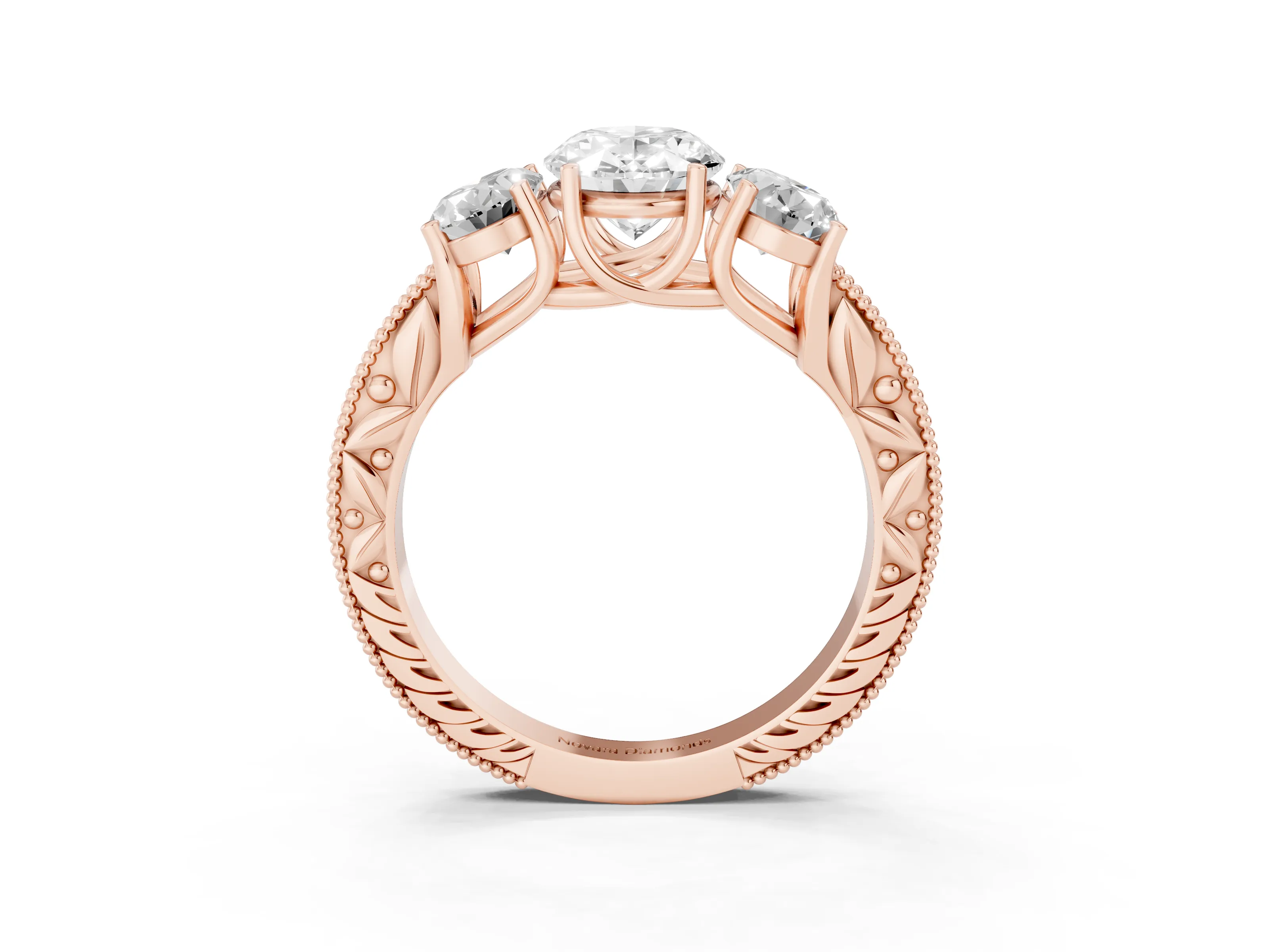 Oval Cut Diamond Three-Stone Engagement Ring Set in Rose gold with Milgrain Pavé Band