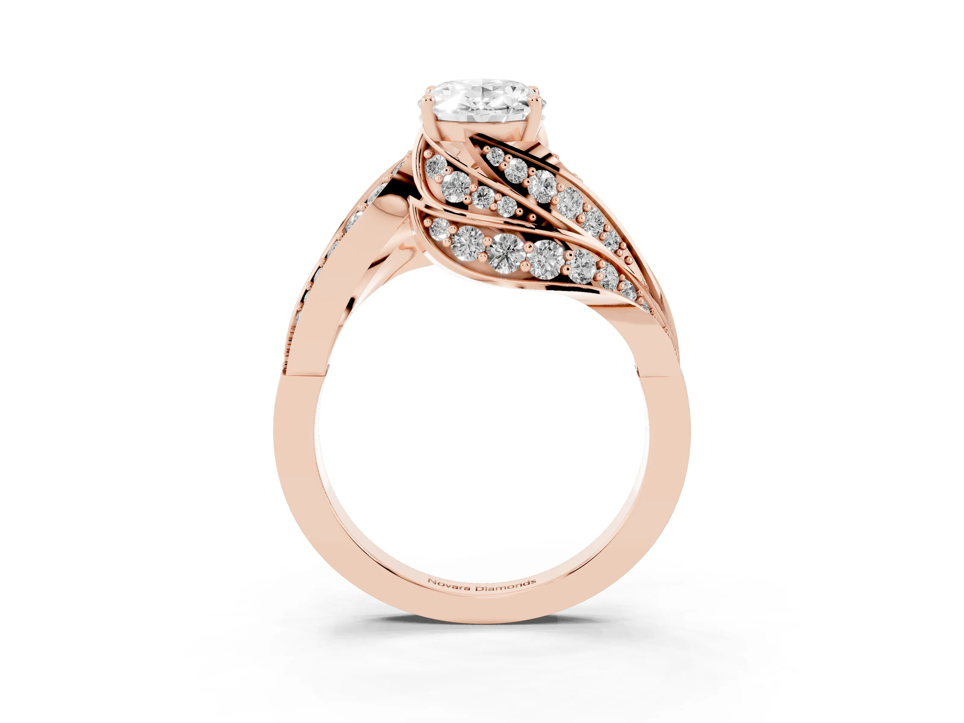 Oval Cut Diamond Solitaire Ring Set in Rose gold with Layered Twist Pavé Band