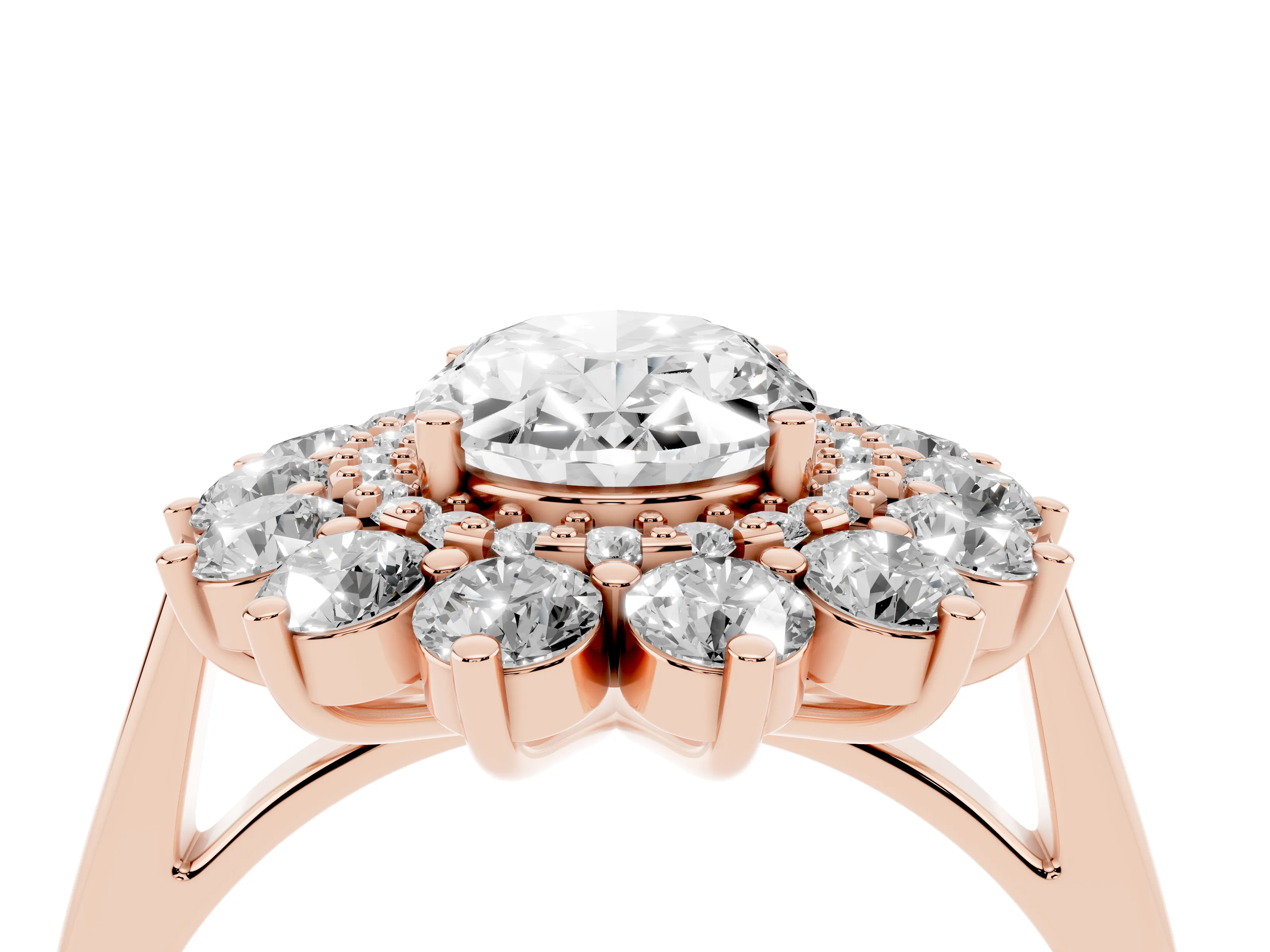 Oval Cut Diamond Floral Double Halo Ring Set in Rose gold with Round Petals