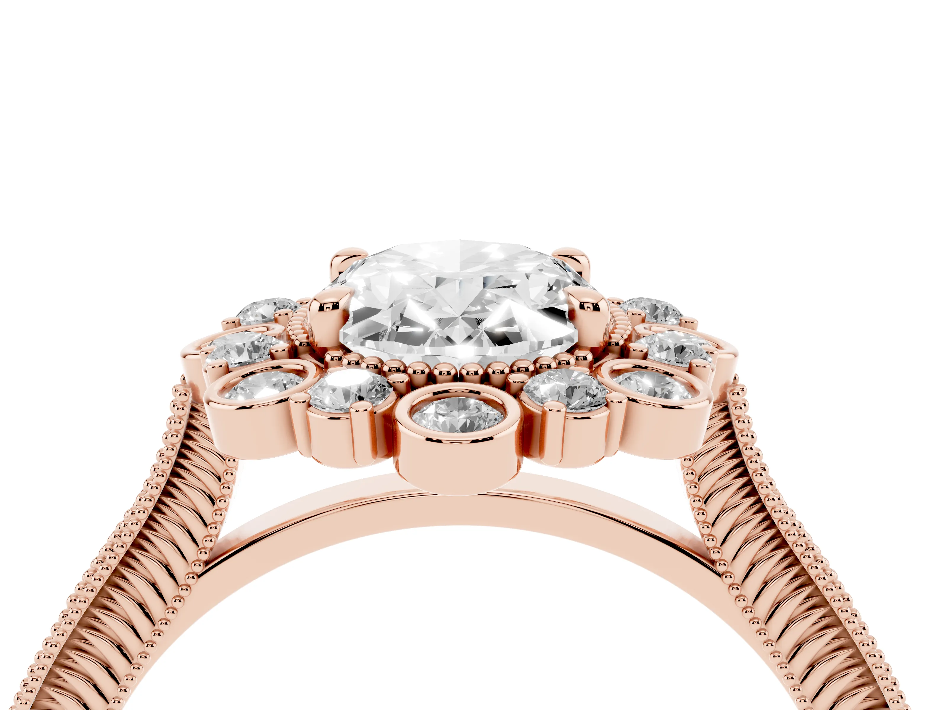 Oval Cut Diamond Halo Milgrain Pavé Ring Set in Rose gold with Prong Setting