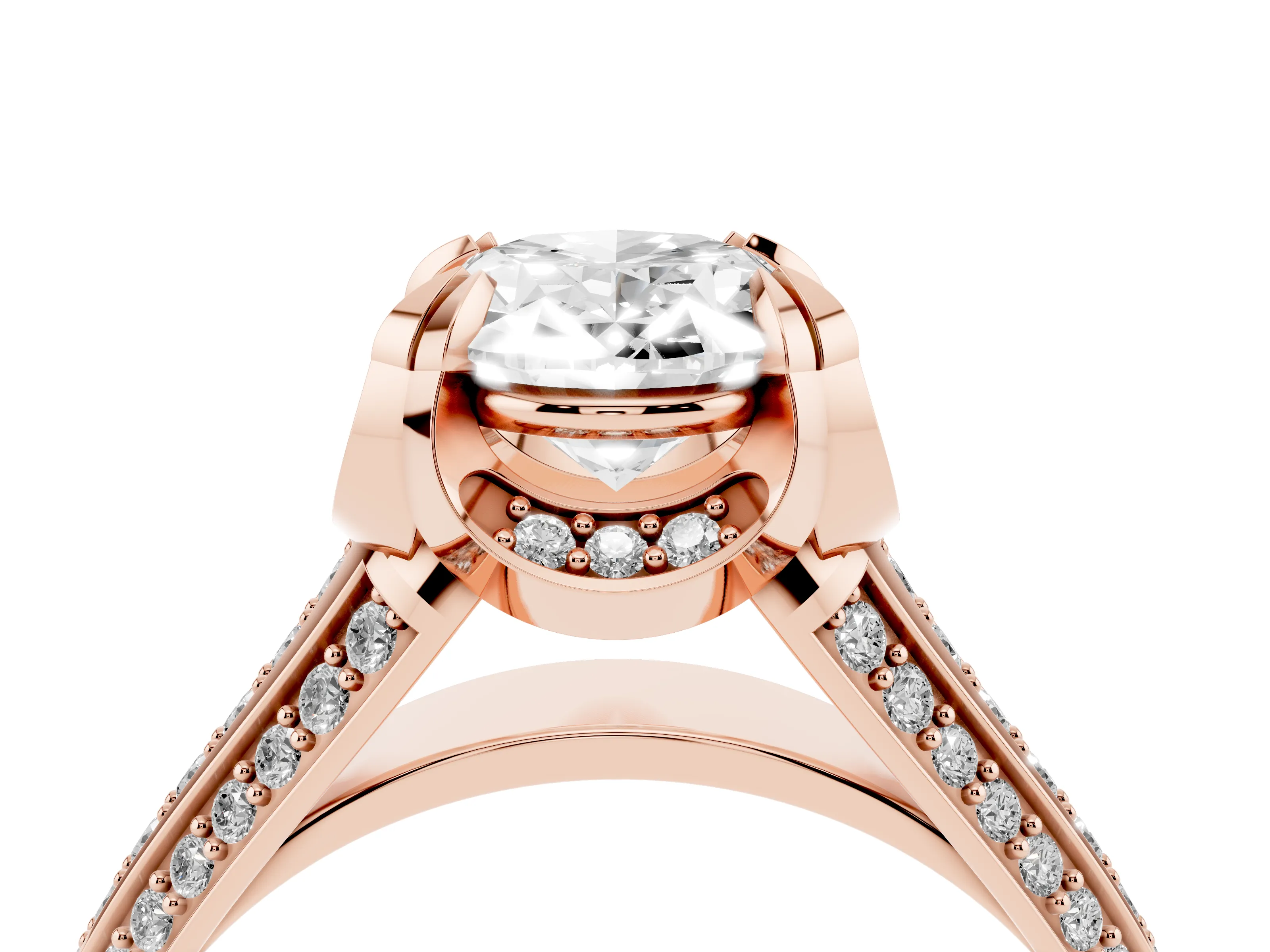 Oval Cut Diamond Pavé Split Shank Solitaire Ring Set in Rose gold with Prong Setting