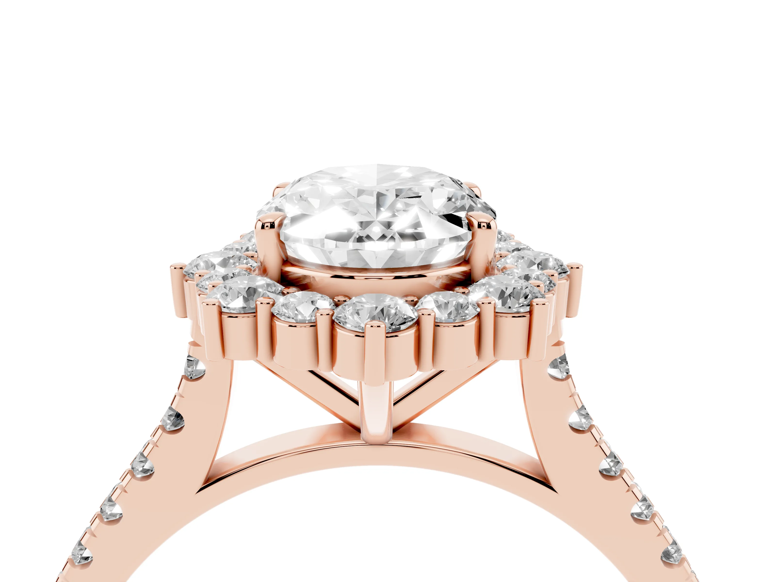 Oval Cut Diamond Halo Ring Set in Rose gold with Pavé Band and Prong Setting