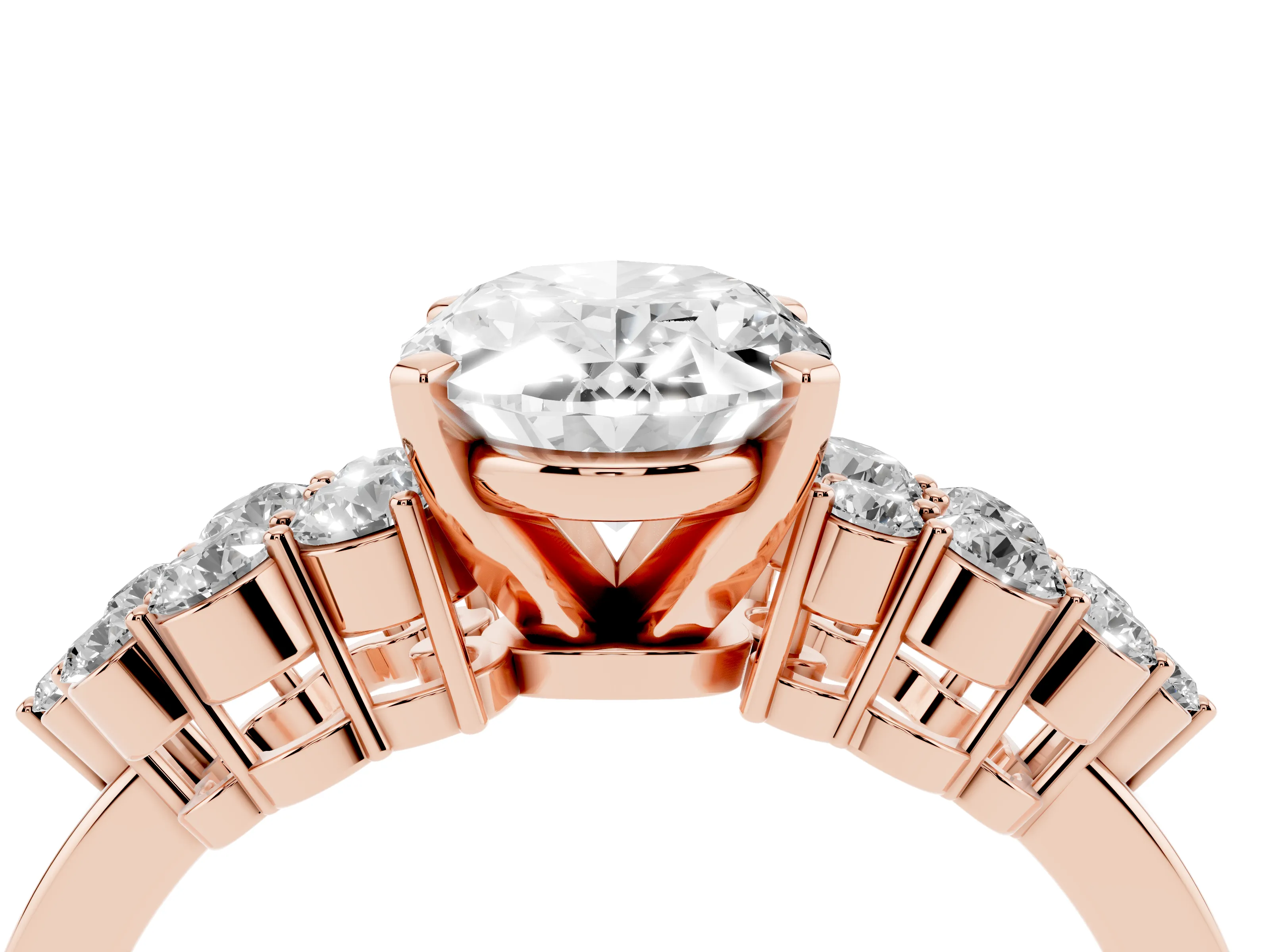 Oval Cut Diamond Cluster Engagement Ring Set in Rose gold with Pavé Band and Prong Setting