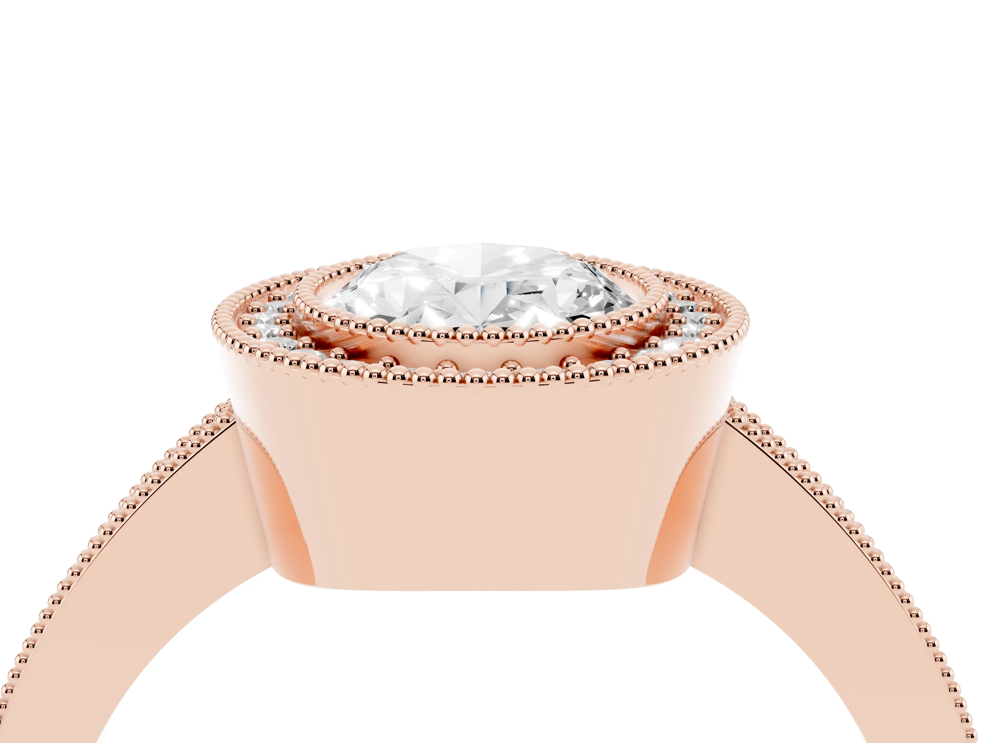 Oval Cut Diamond Halo Engagement Ring Set in Rose gold with Pavé Band and Round Halo Stones