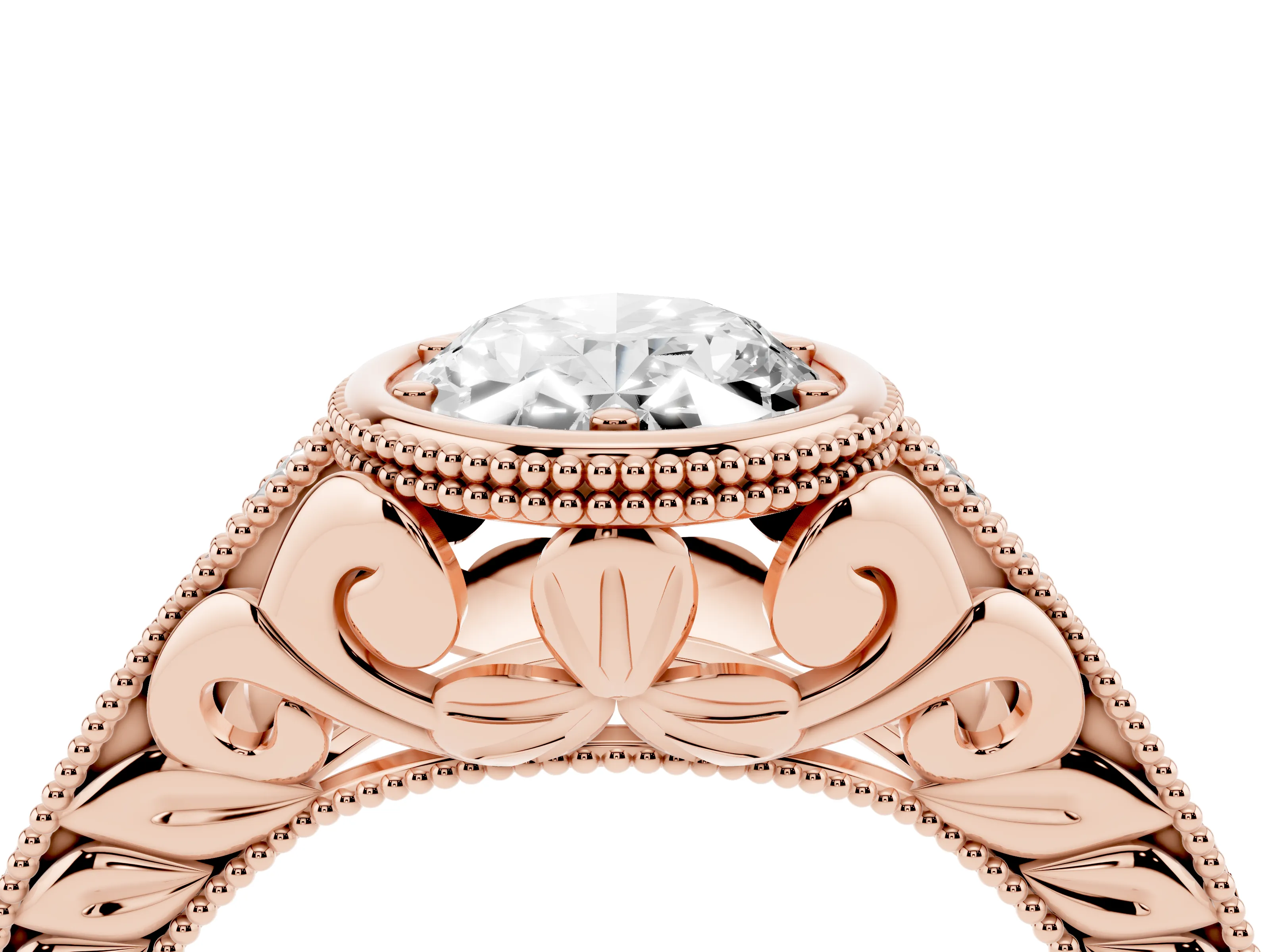 Bezel Set Oval Cut Diamond Milgrain Pavé Engagement Ring Set in Rose gold