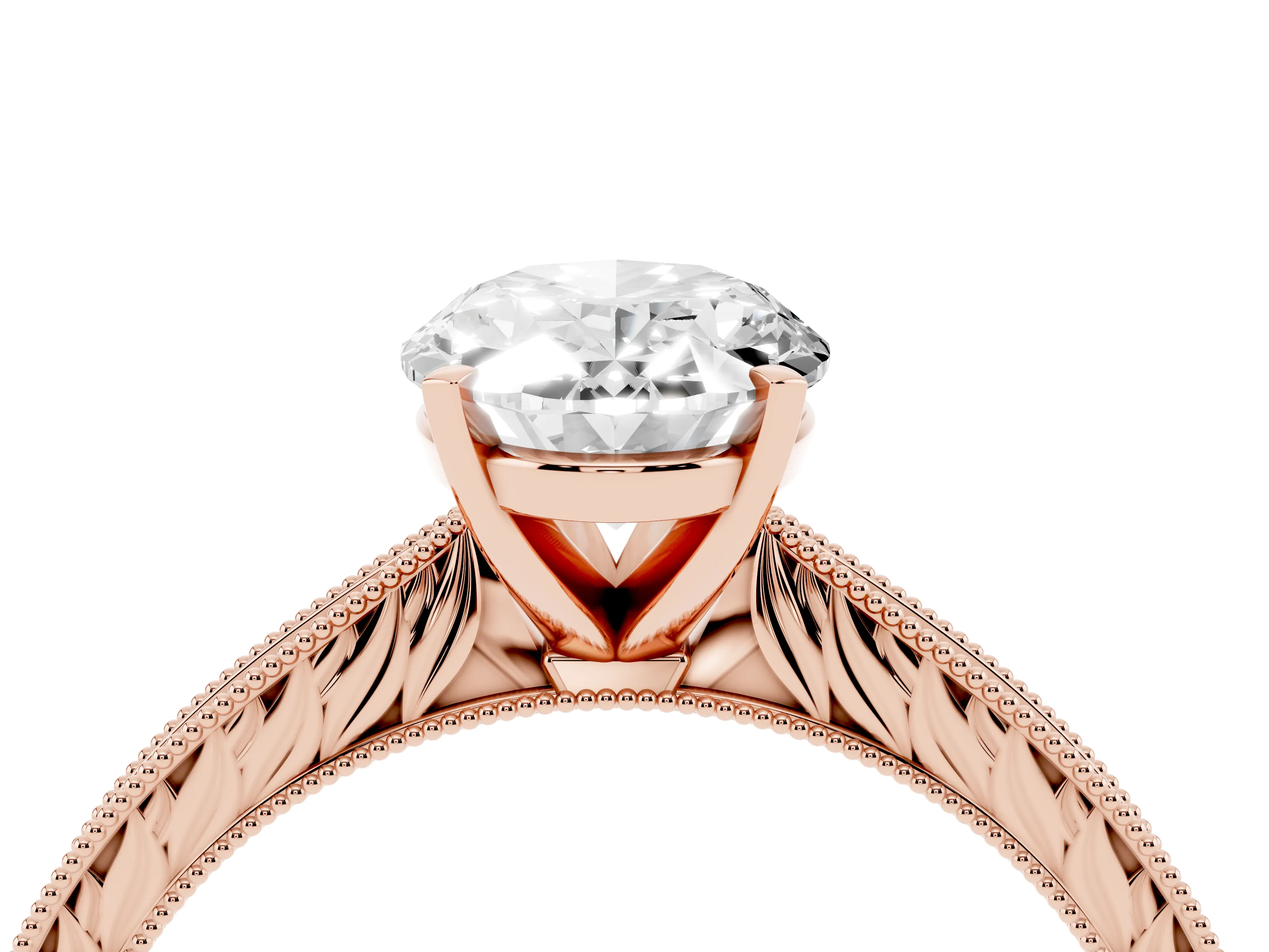 Oval Cut Diamond Solitaire Milgrain Engraved Band Set in Rose gold with Prong Setting