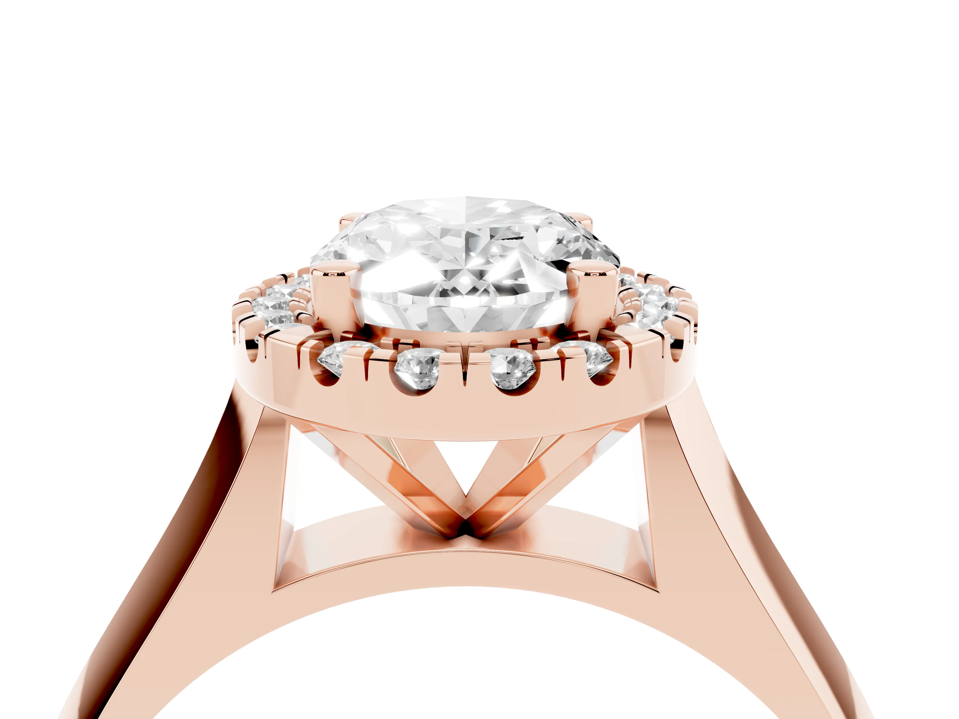 Oval Cut Diamond Halo Solitaire Engagement Ring Set in Rose gold with Square Band and Prong Setting