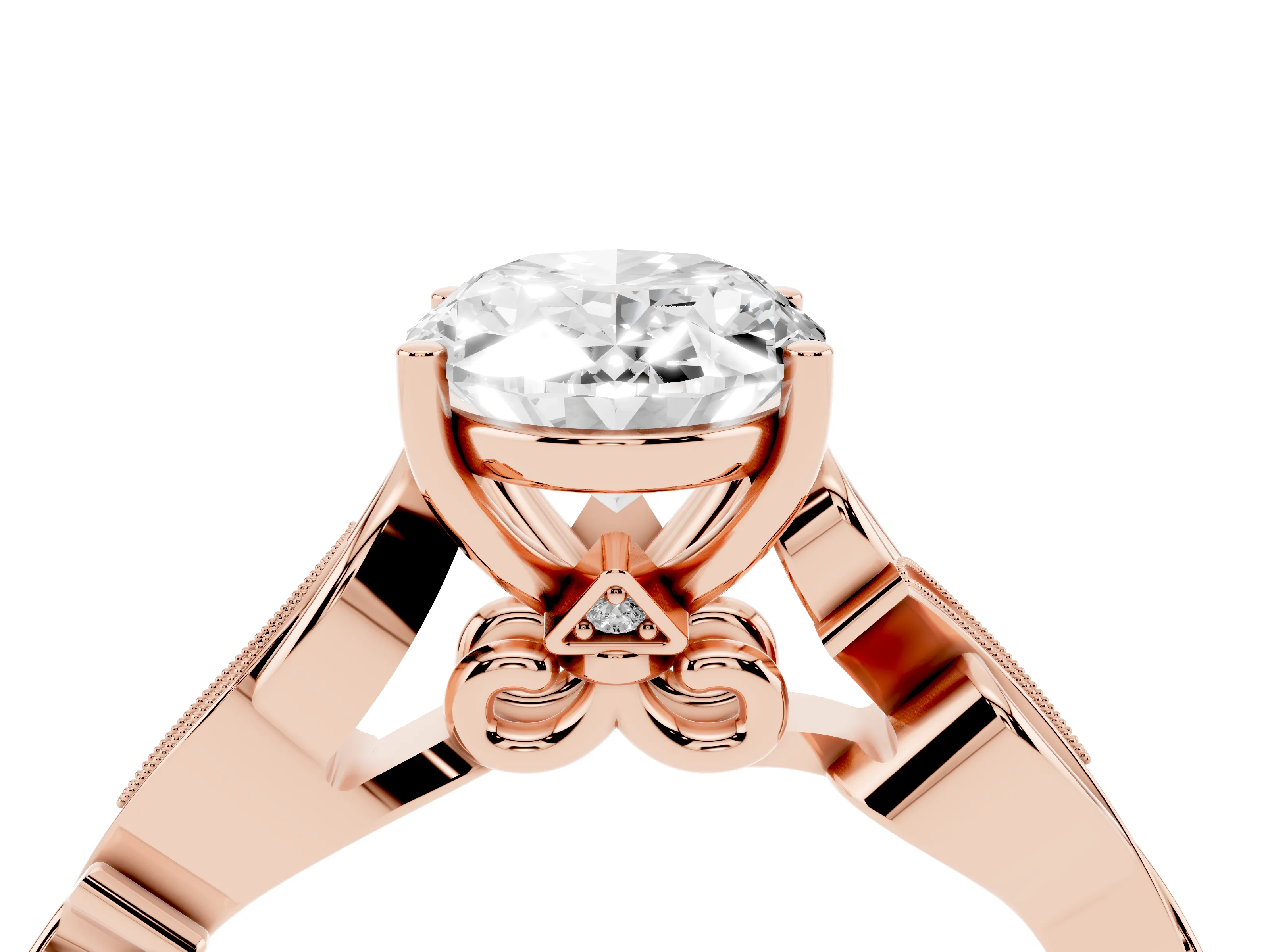 Oval Cut Diamond Vine Band Solitaire Ring Set in Rose gold with Milgrain Prong Setting