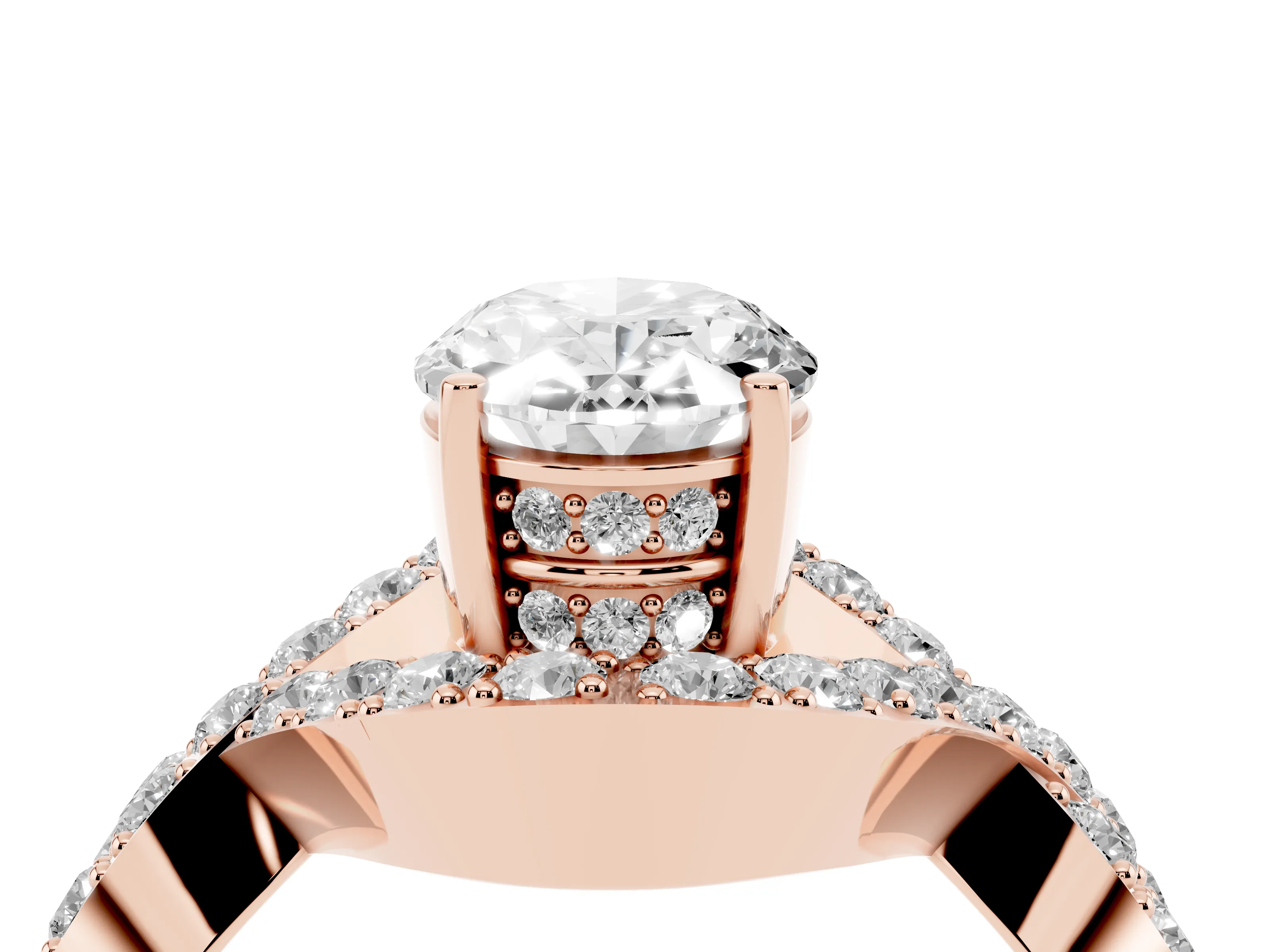 Oval Cut Diamond Solitaire Twist Band Pavé Engagement Ring Set in Rose gold