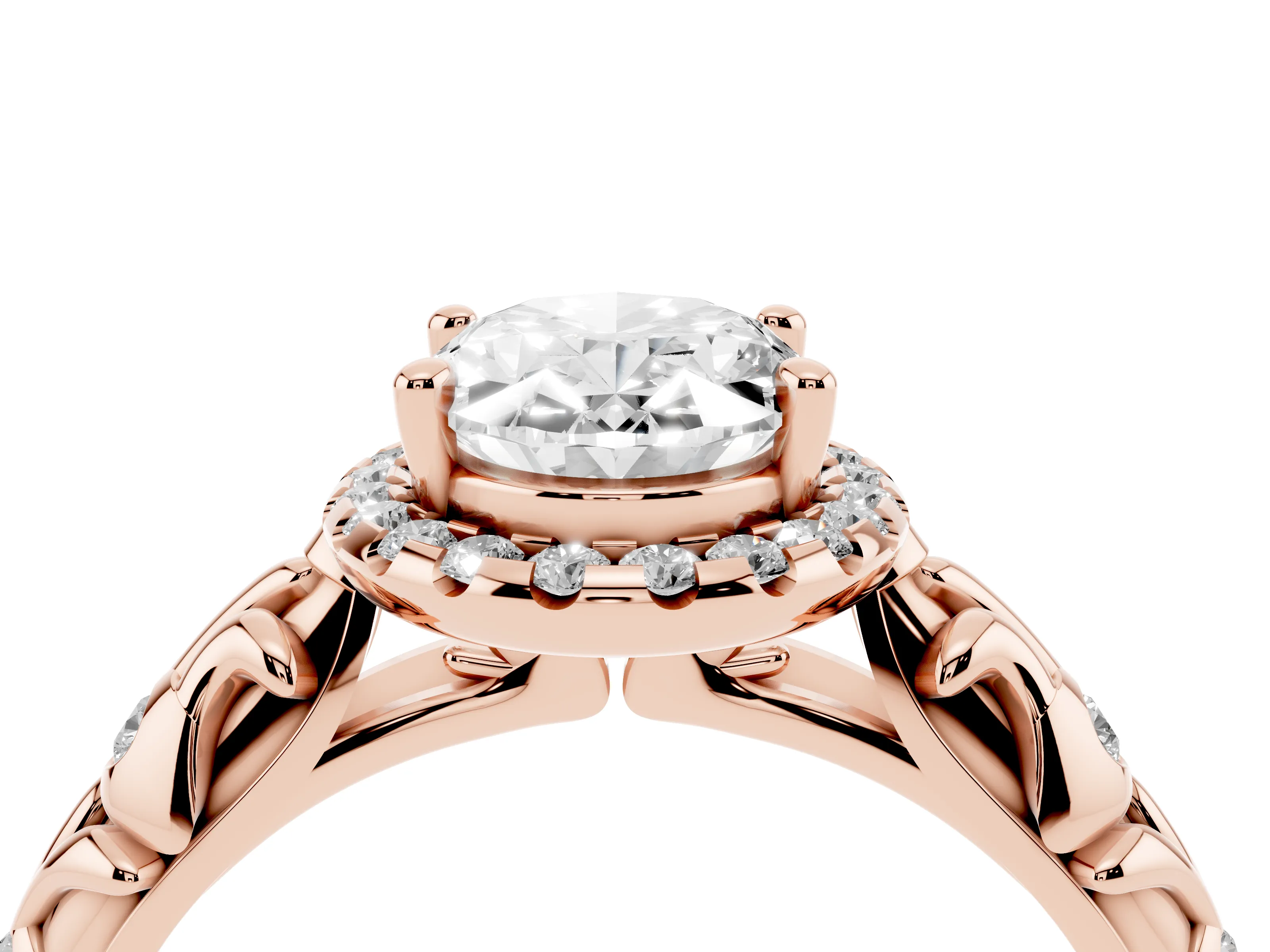 Oval Cut Diamond Halo Ring Set in Rose gold with Filigree Leaf Band and Prong Setting