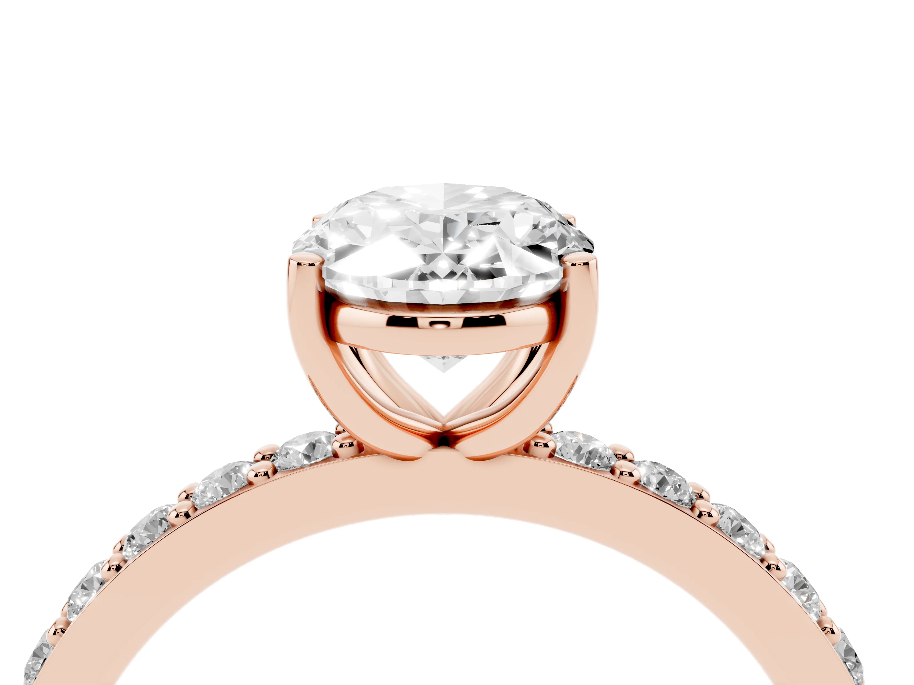 Oval Cut Diamond Solitaire Set in Rose gold with Round Pavé Band and Prong Setting