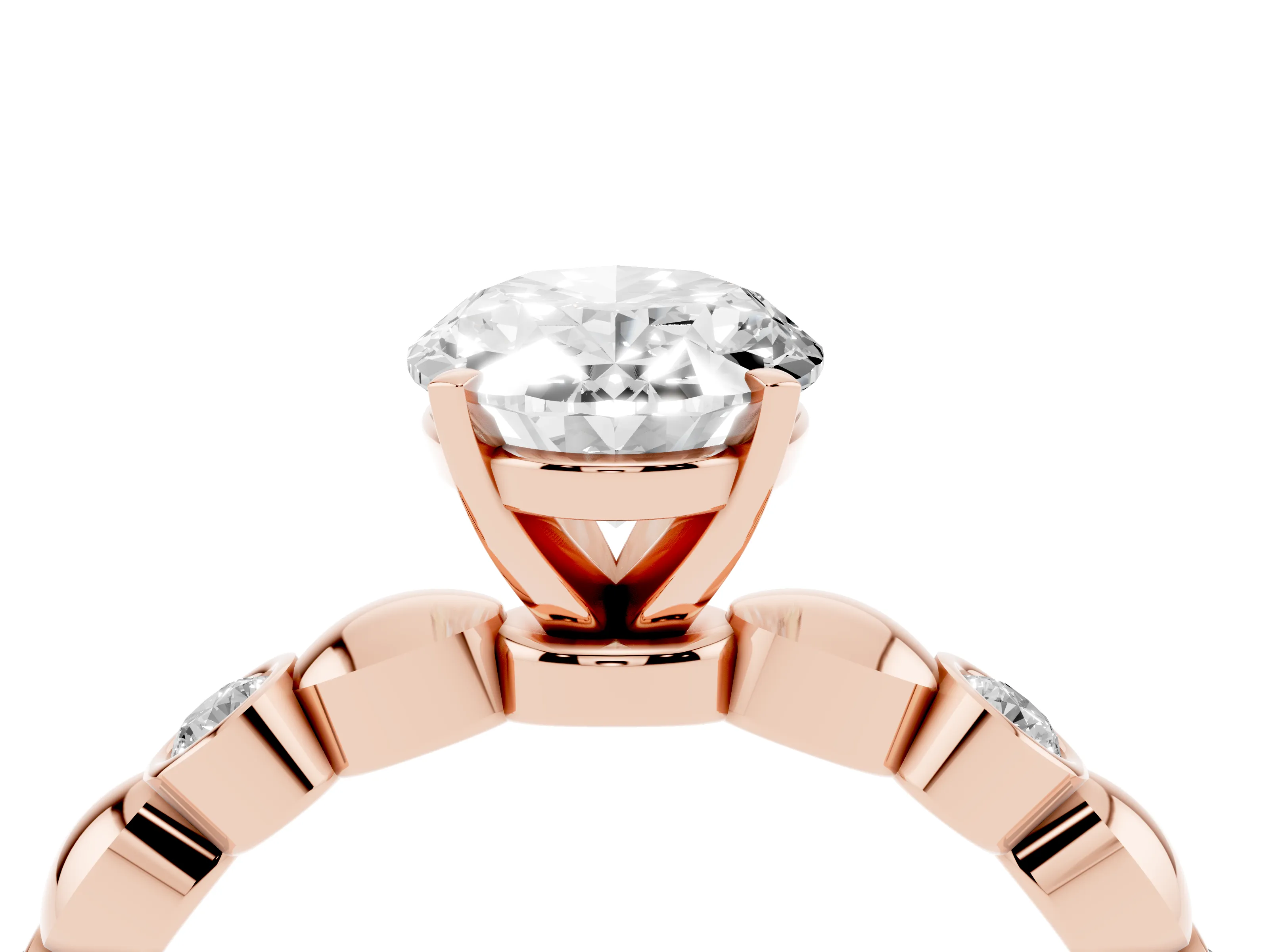 Oval Cut Diamond Solitaire Ring Set in Rose gold with Bezel-Set Accents on Beaded Band and Prong Setting