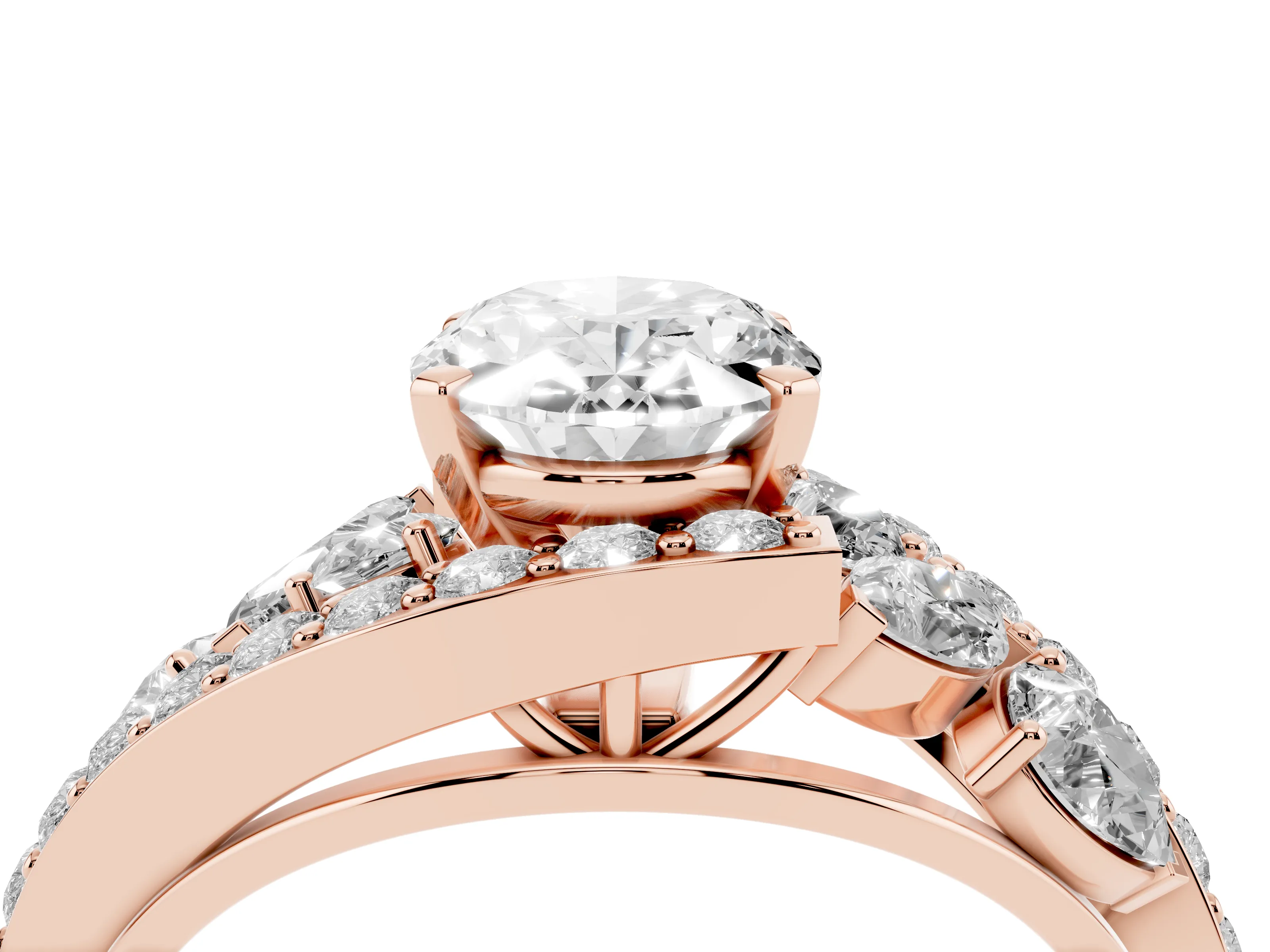Oval Cut Diamond Halo Ring Set in Rose gold with Marquise and Pavé Band in Prong Setting