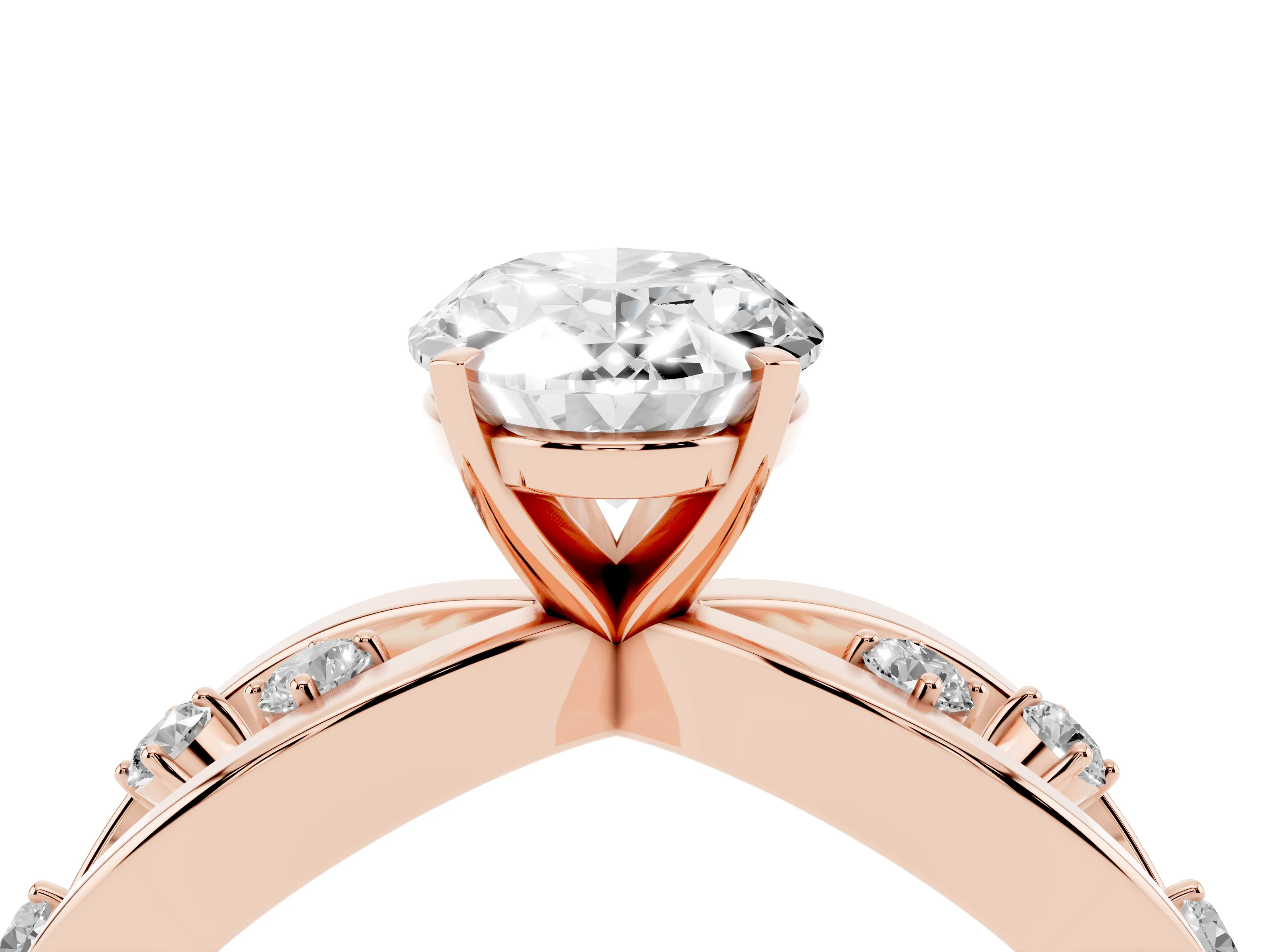 Oval Cut Diamond Solitaire Ring Set in Rose gold with Side Stones on Criss-Cross Band and Prong Setting