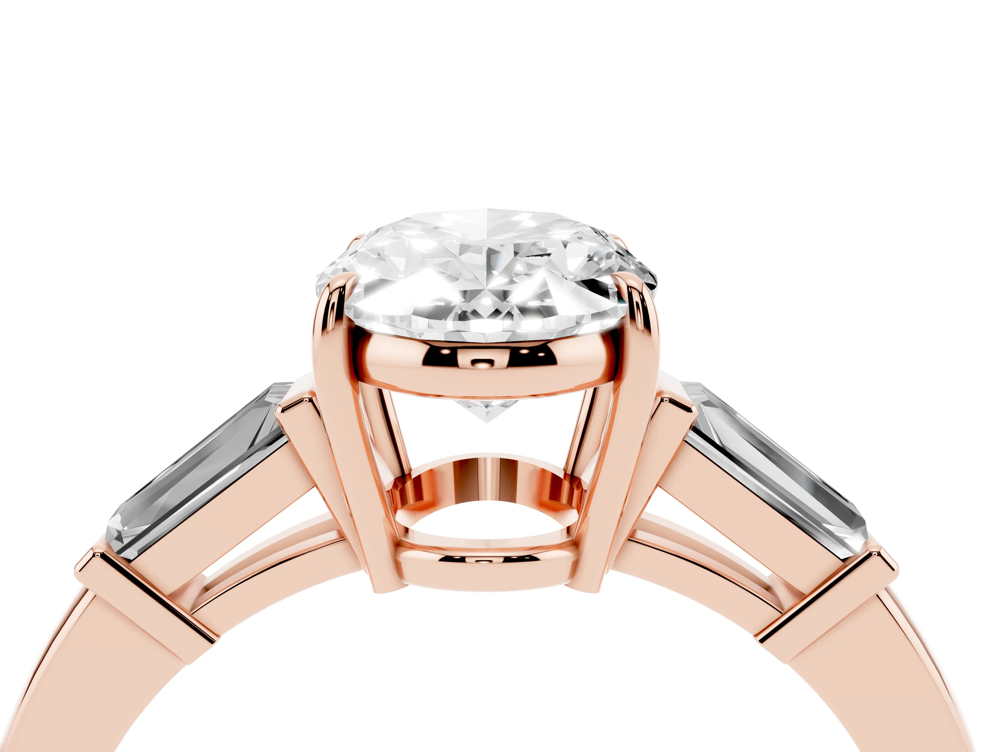 Oval Cut Diamond Three-Stone Ring Set in Rose gold with Tapered Baguette Side Stones and Prong Setting