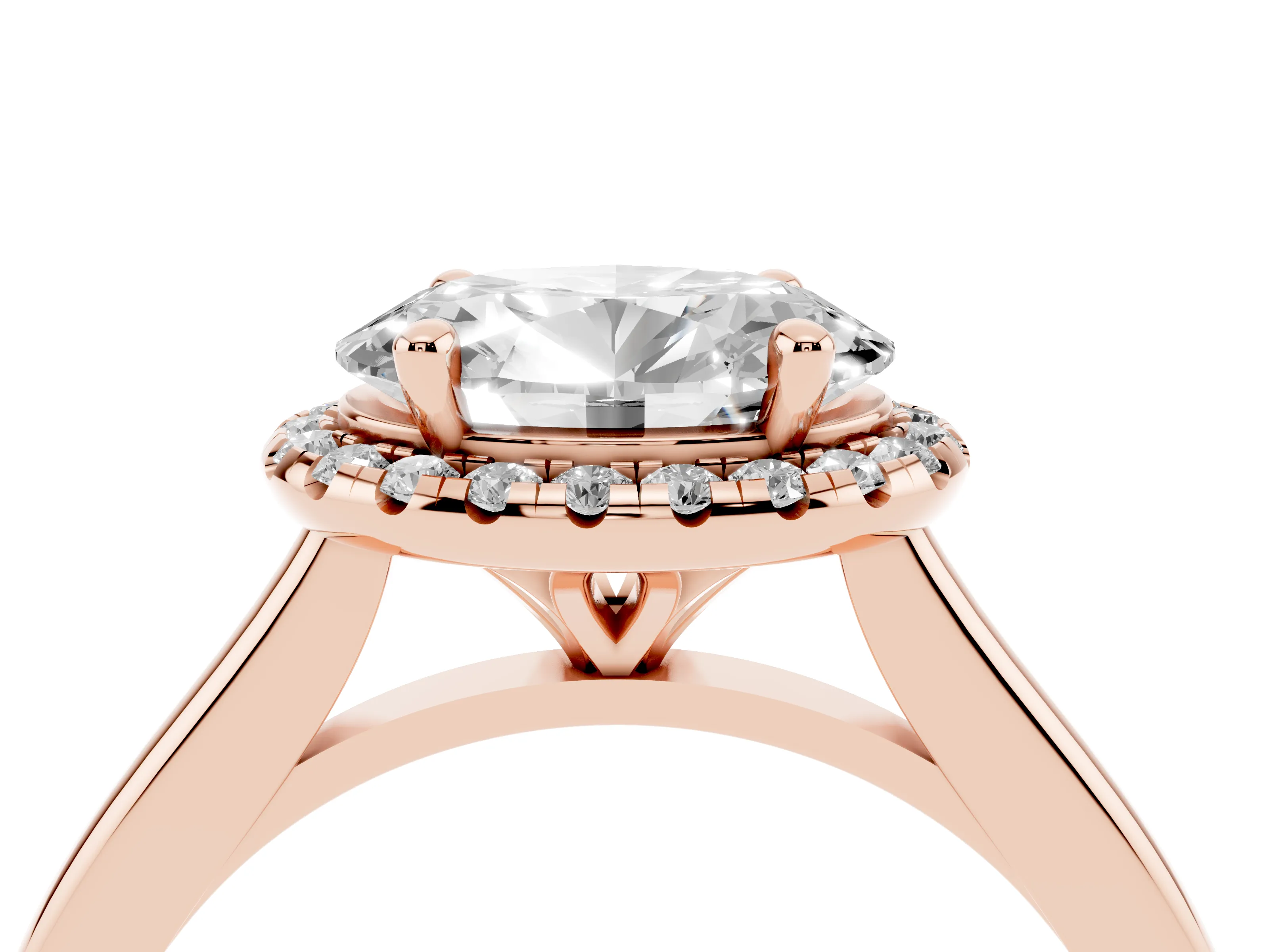 Oval Cut Diamond Halo Engagement Ring Set in Rose gold with Pavé Band and Rising Shoulders