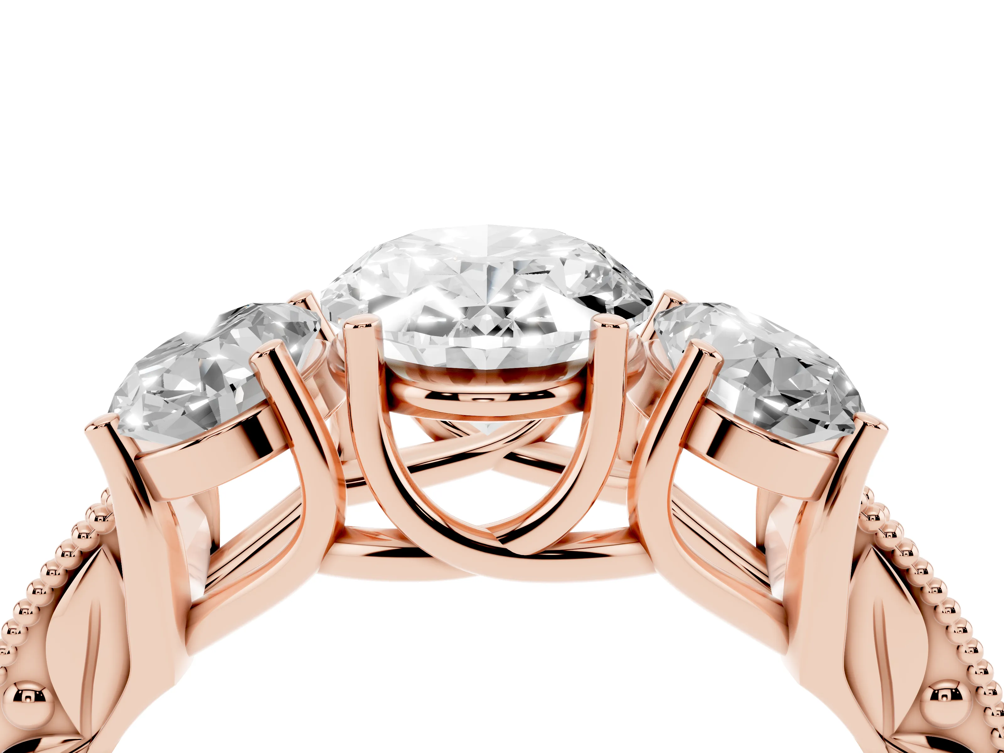 Oval Cut Diamond Three-Stone Engagement Ring Set in Rose gold with Milgrain Pavé Band