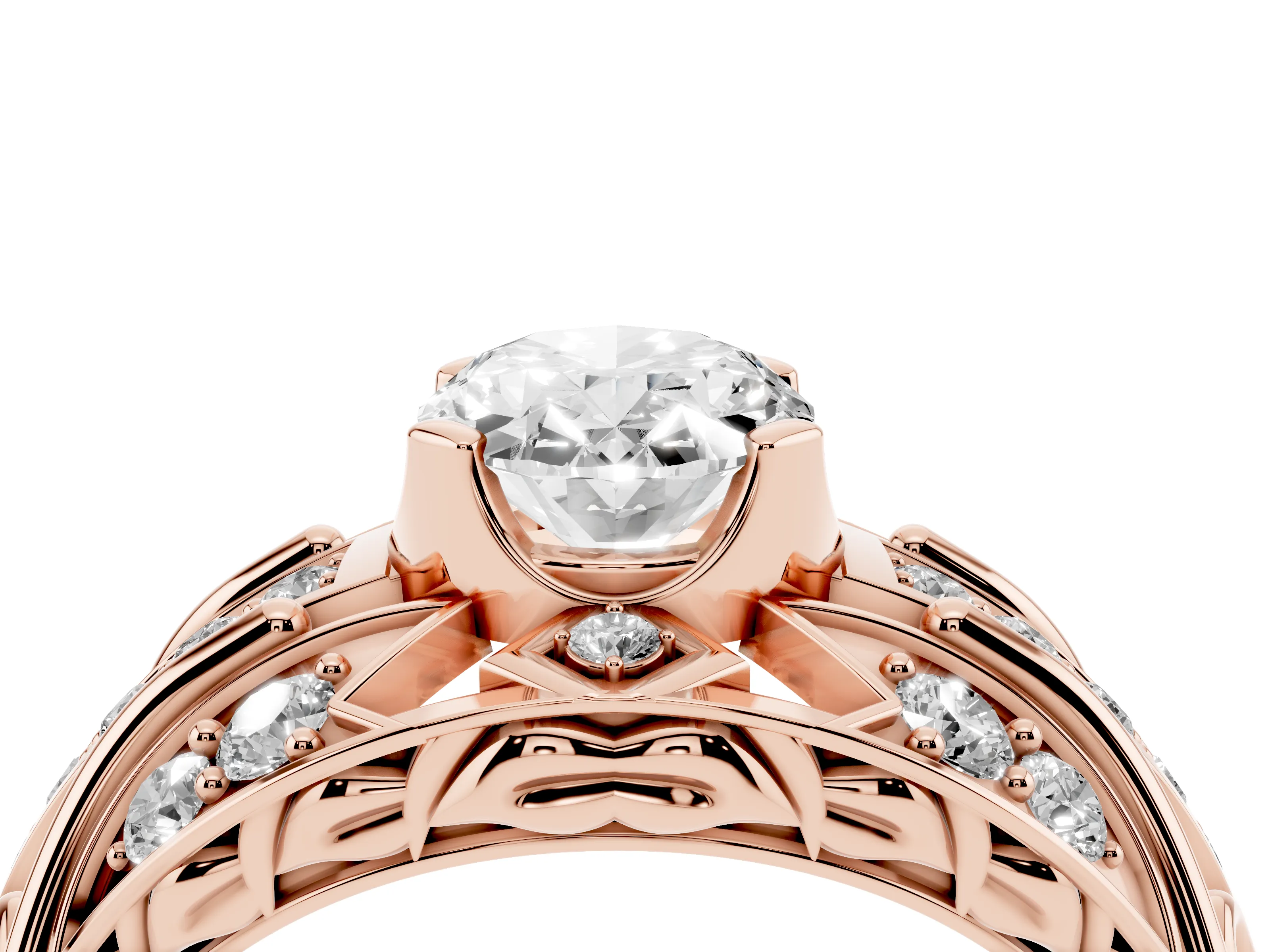 Oval Cut Diamond Art Deco Ring Set in Rose gold with Pavé Split Shank