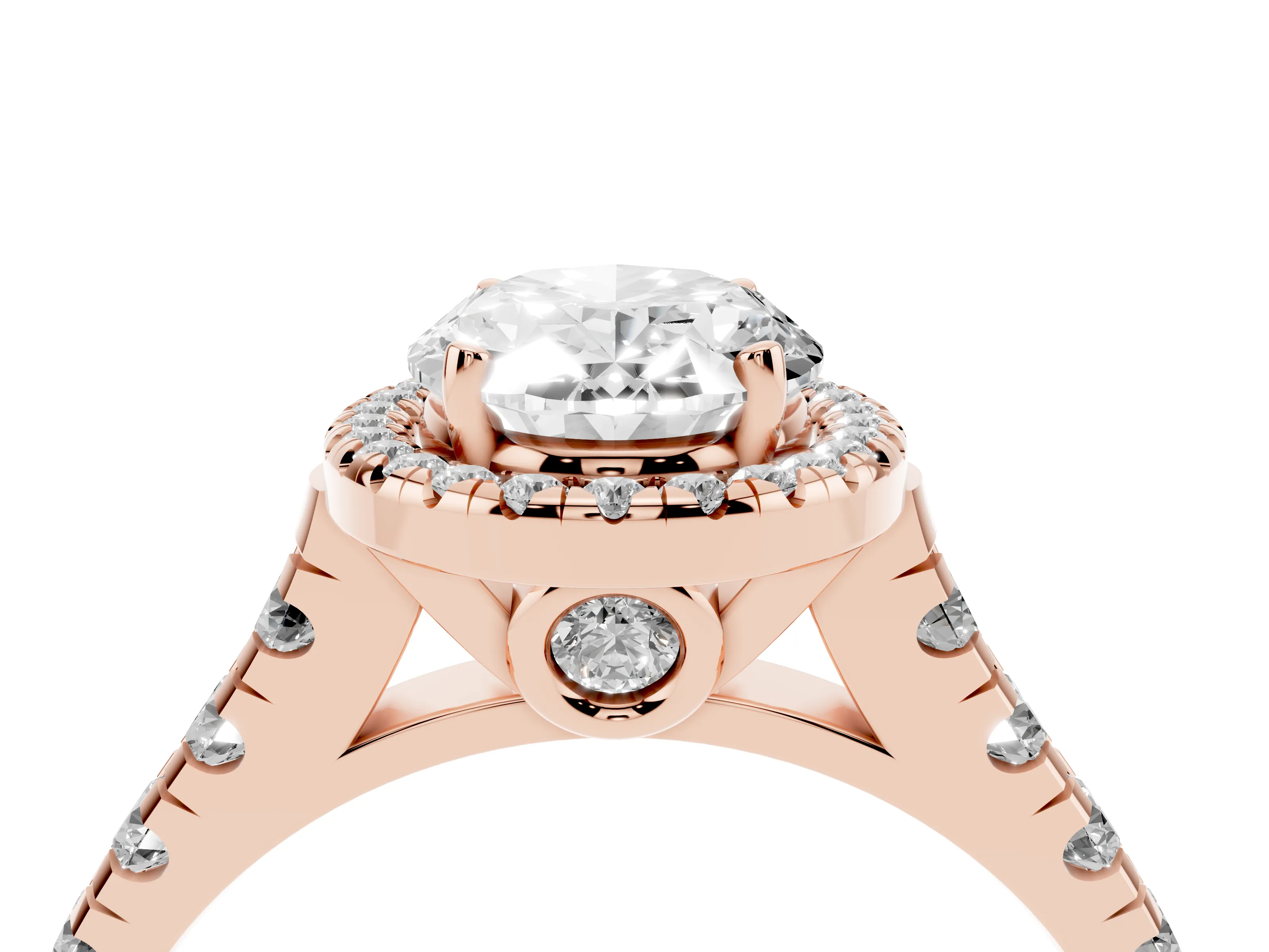Oval Cut Diamond Halo Engagement Ring Set in Rose gold with Pavé Band and Prong-Set Center