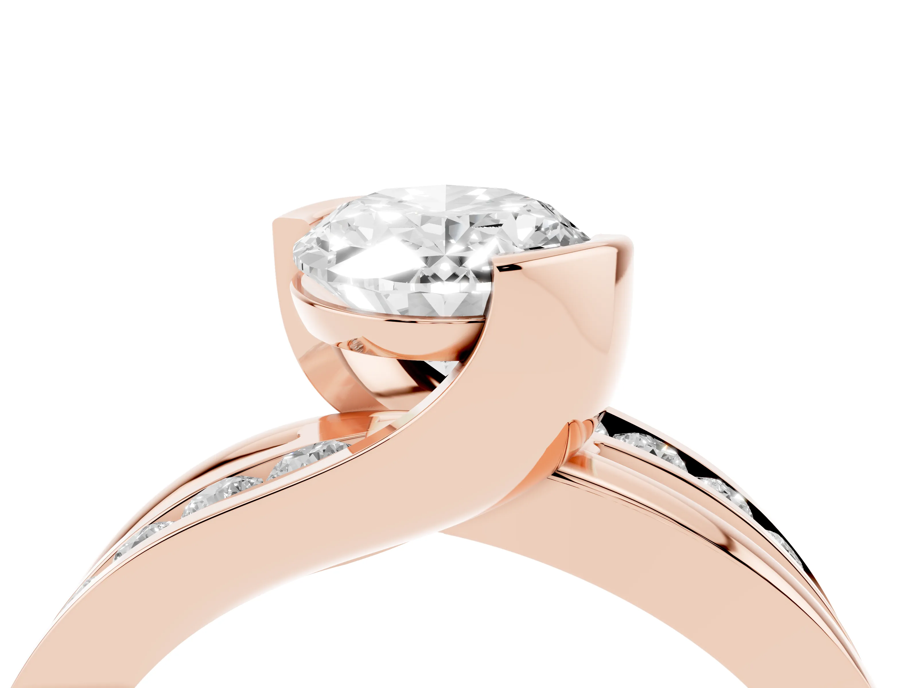 Oval Cut Diamond Solitaire Ring Set in Rose gold with Channel Set Split Shank and Tension Prongs
