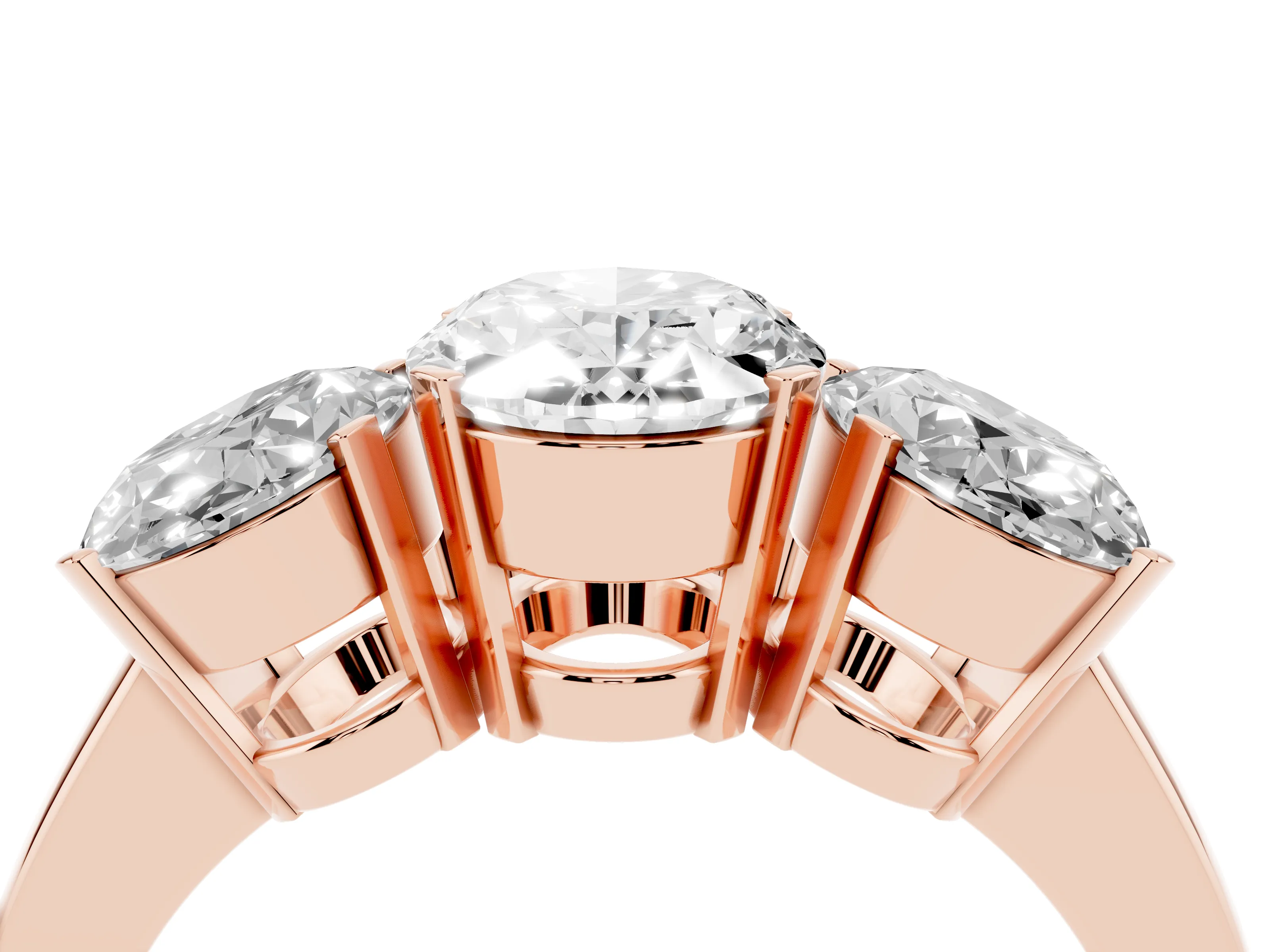Oval Cut Diamond Three-Stone Ring Set in Rose gold with Channel-Set Band and Prong Settings