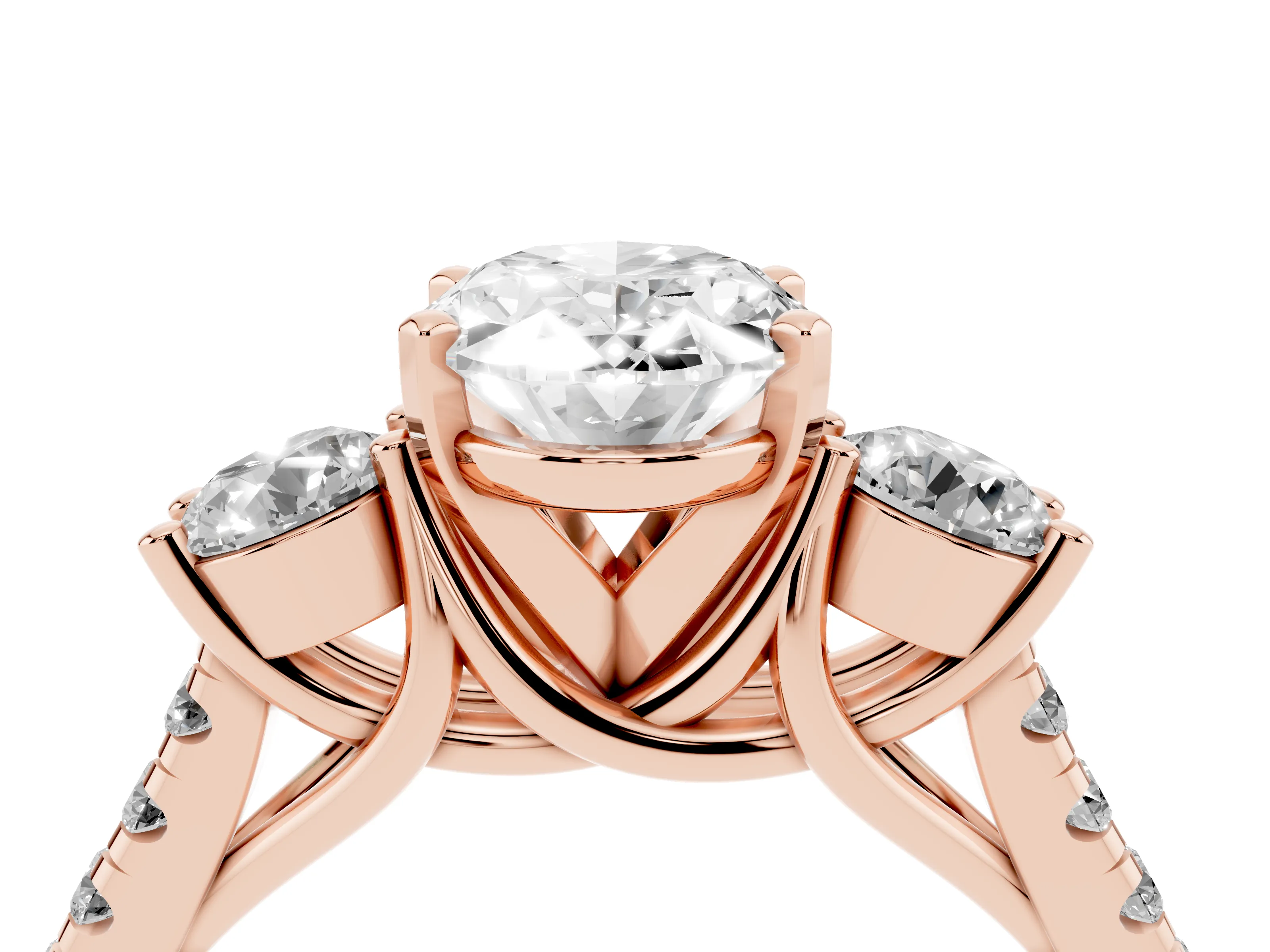 Three-Stone Oval Cut Diamond Pavé Band Ring Set in Rose gold with Prong-Set Trio