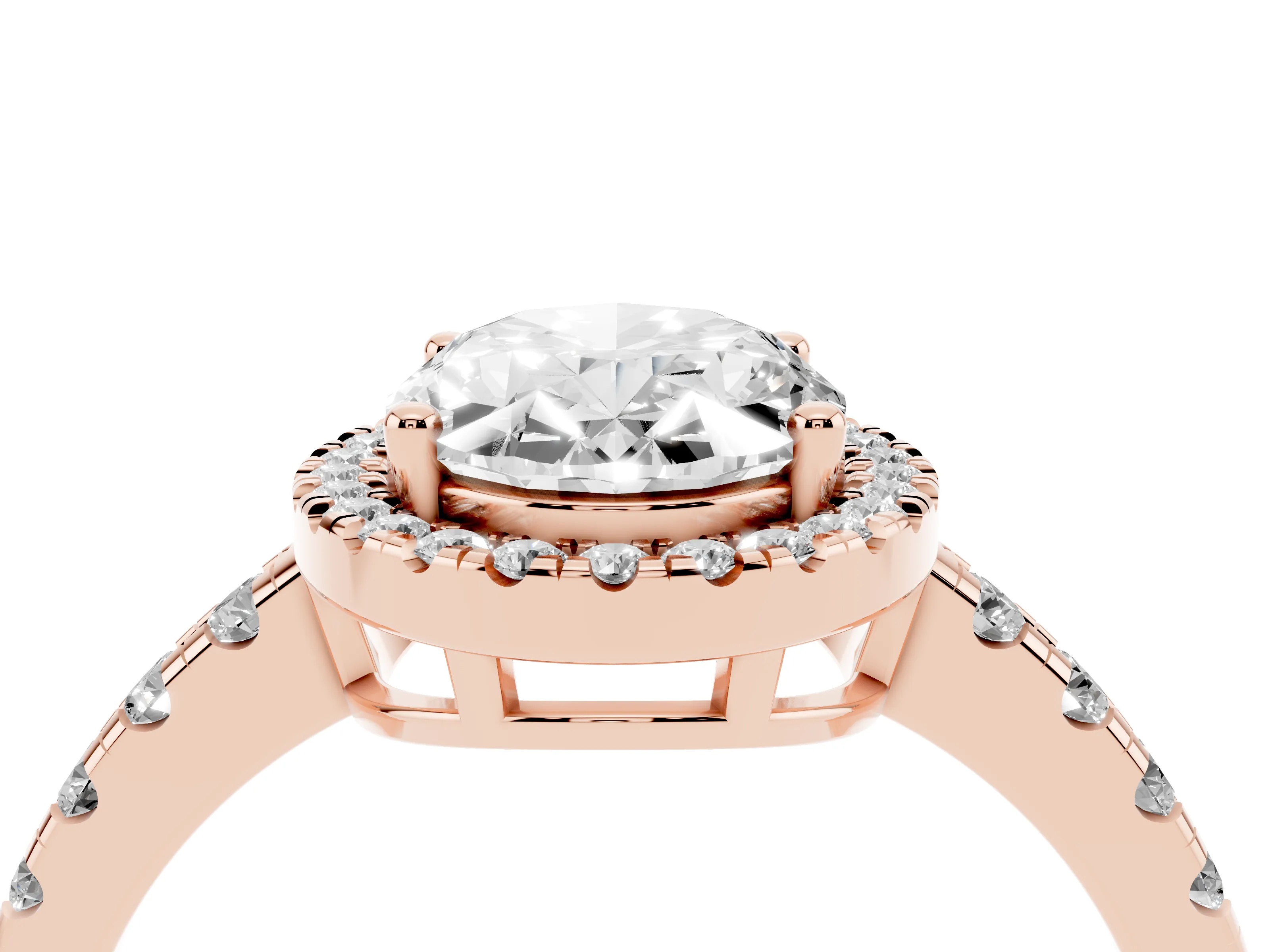 Oval Cut Diamond Halo Ring Set in Rose gold with Delicate Pavé Band and Prong Setting