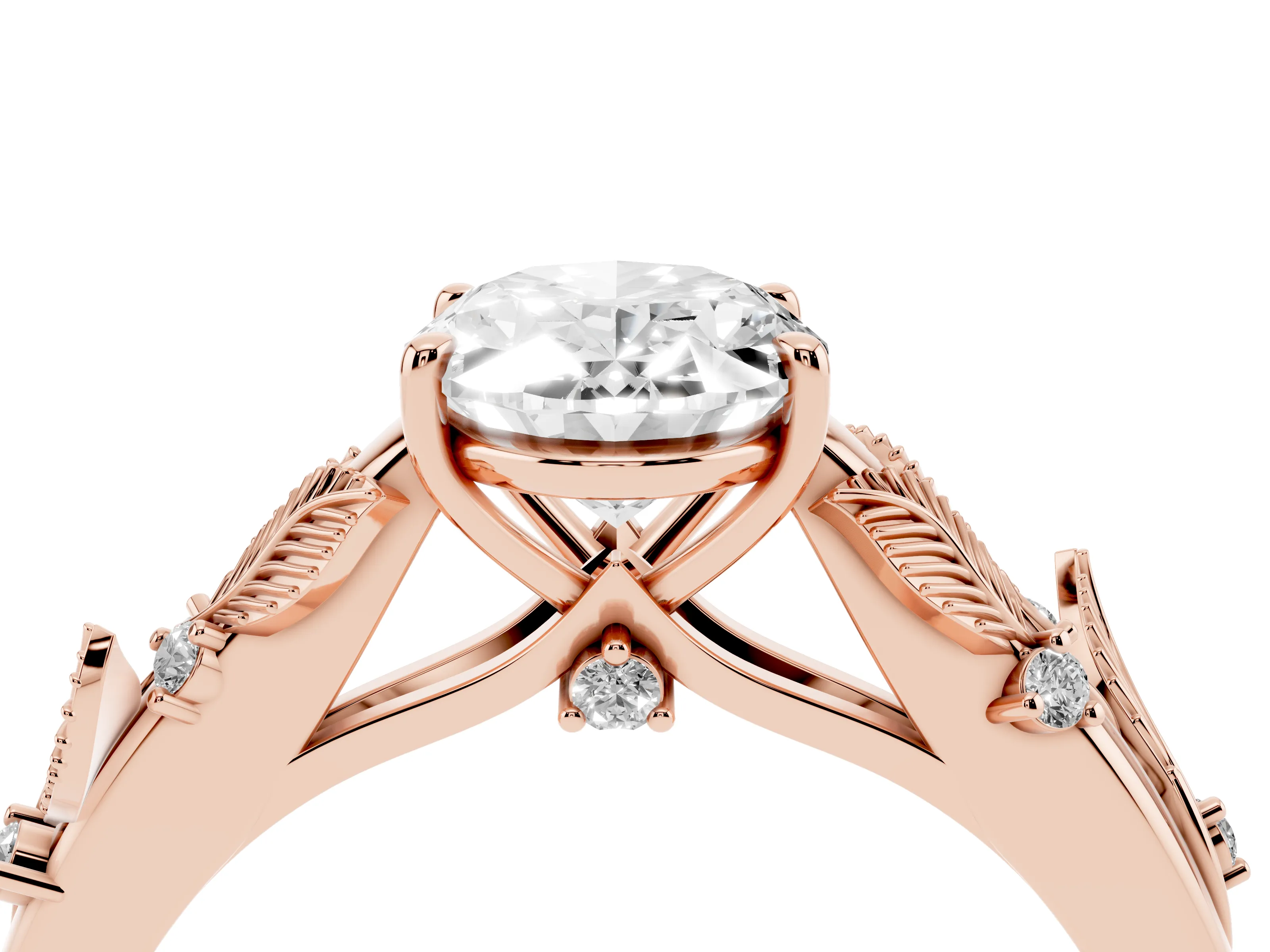 Oval Cut Diamond Solitaire Ring Set in Rose gold with Leaf Motif Band