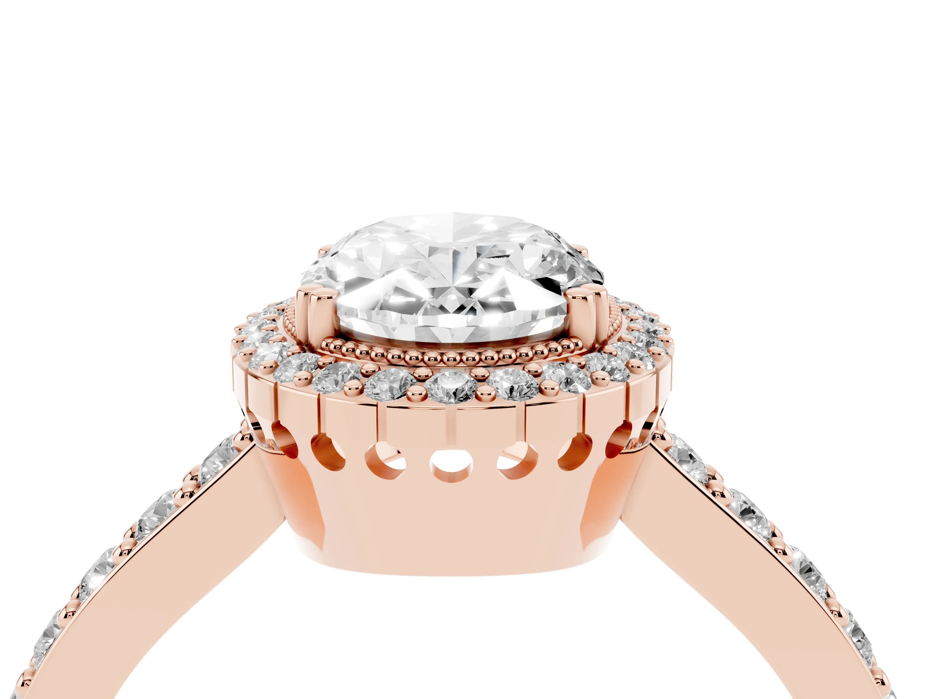 Oval Cut Diamond Halo Engagement Ring Set in Rose gold with Milgrain Detail and Pavé Band