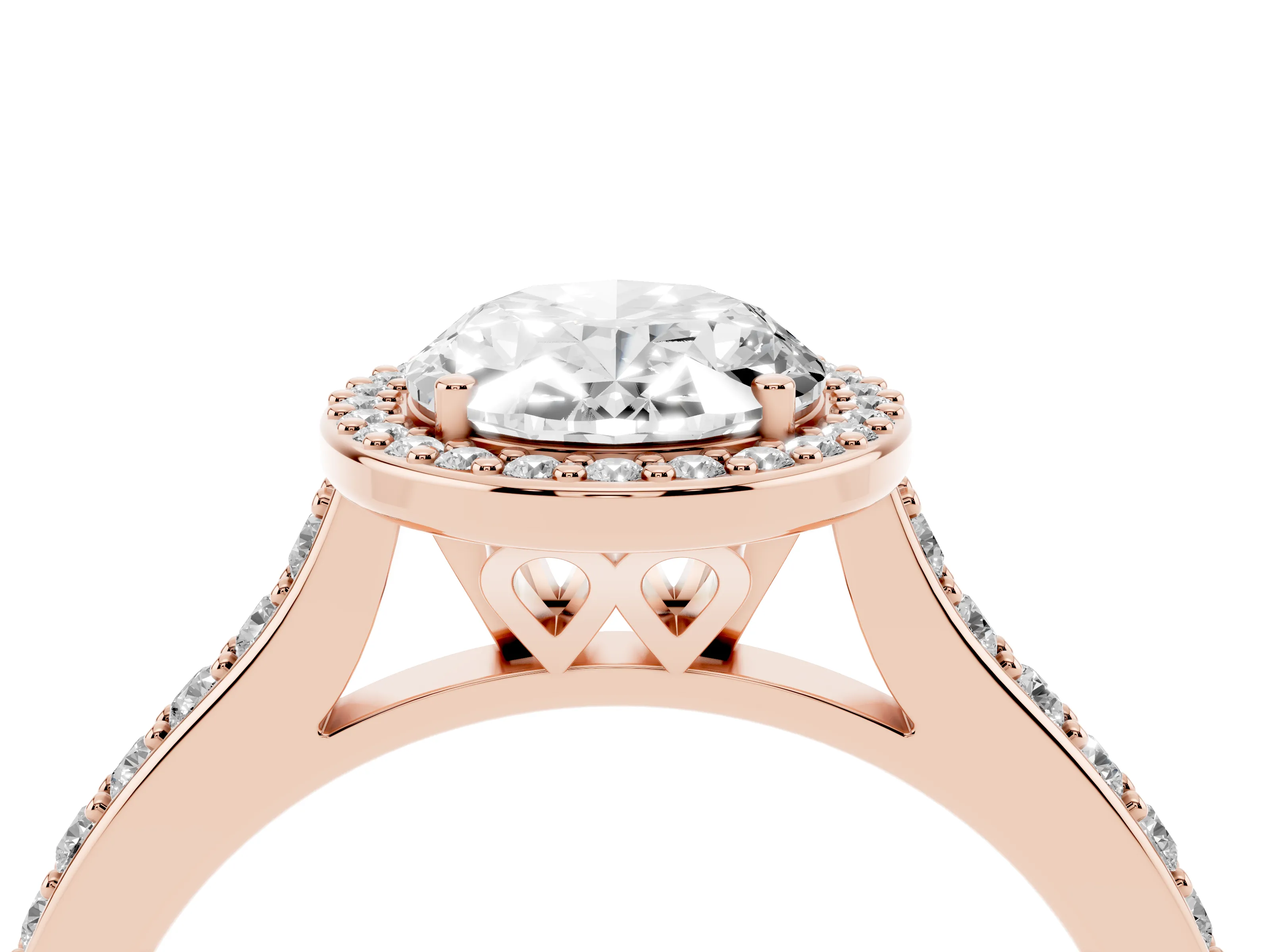 Oval Cut Diamond Halo Engagement Ring Set in Rose gold with Round Pavé Shoulders and Heart Gallery