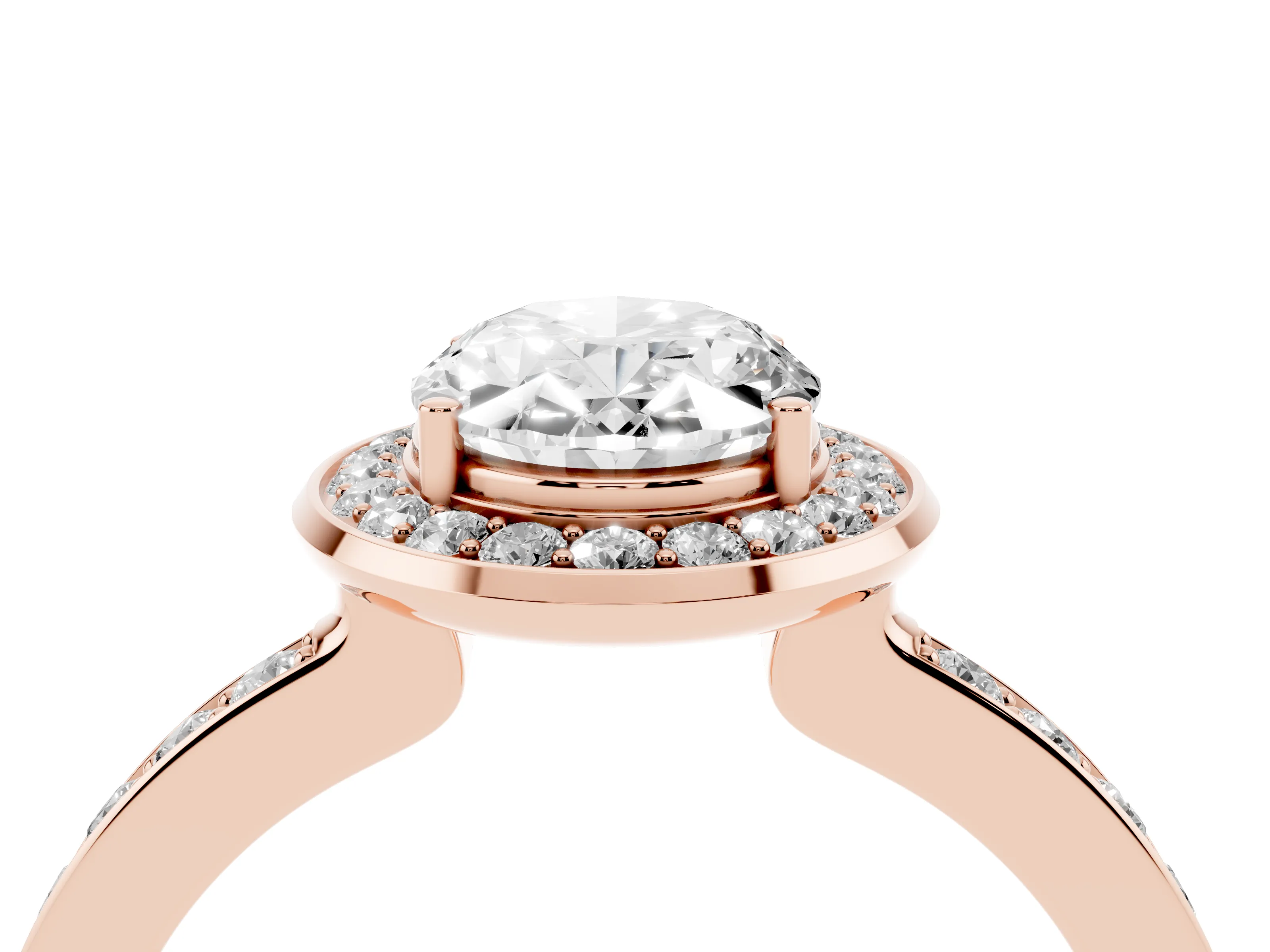 Oval Cut Diamond Halo Ring Set in Rose gold with Bezel Frame and Pavé Band