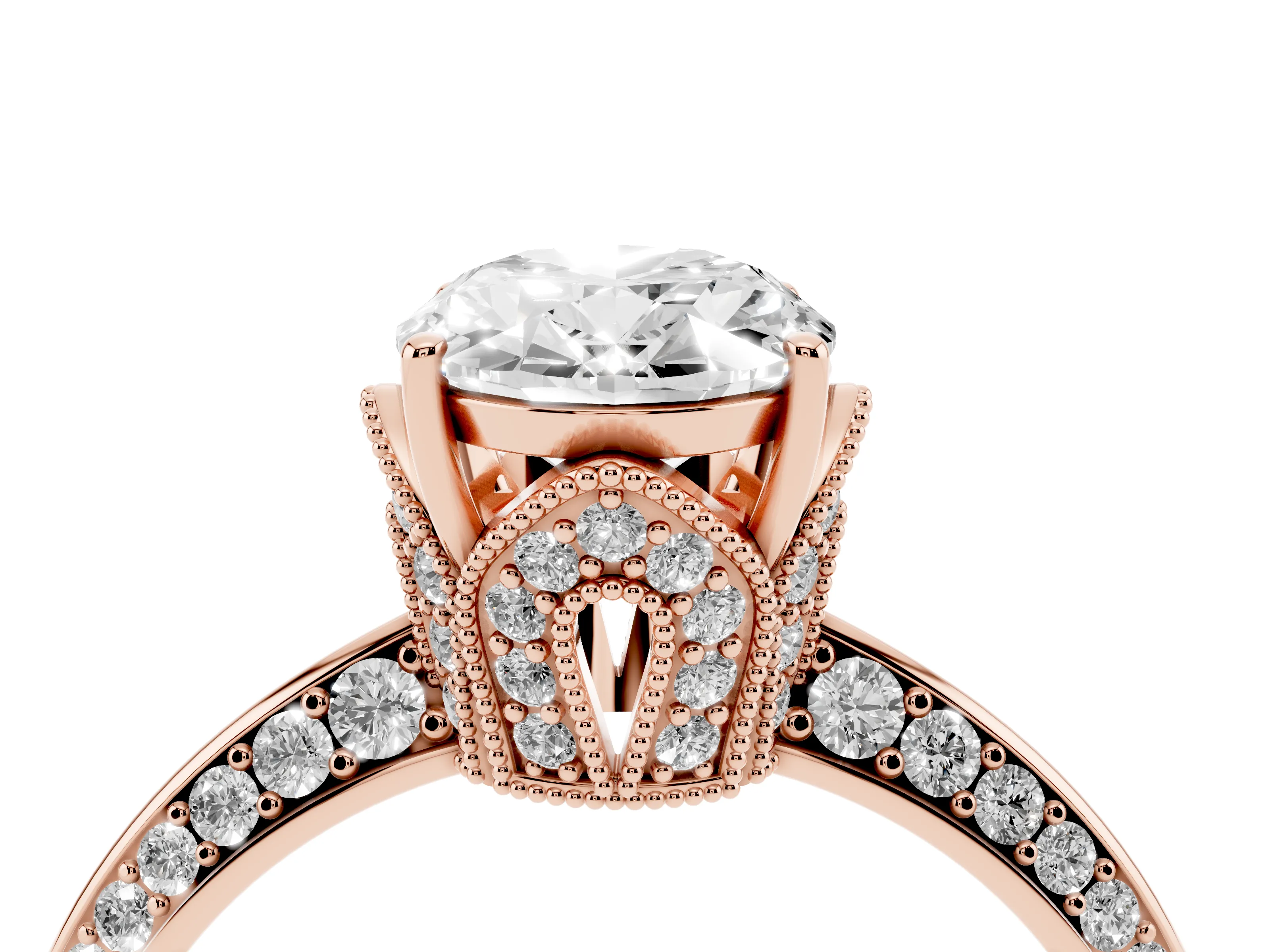Oval Cut Diamond Solitaire Engagement Ring Set in Rose gold with Pavé Split Shank and Prong Setting