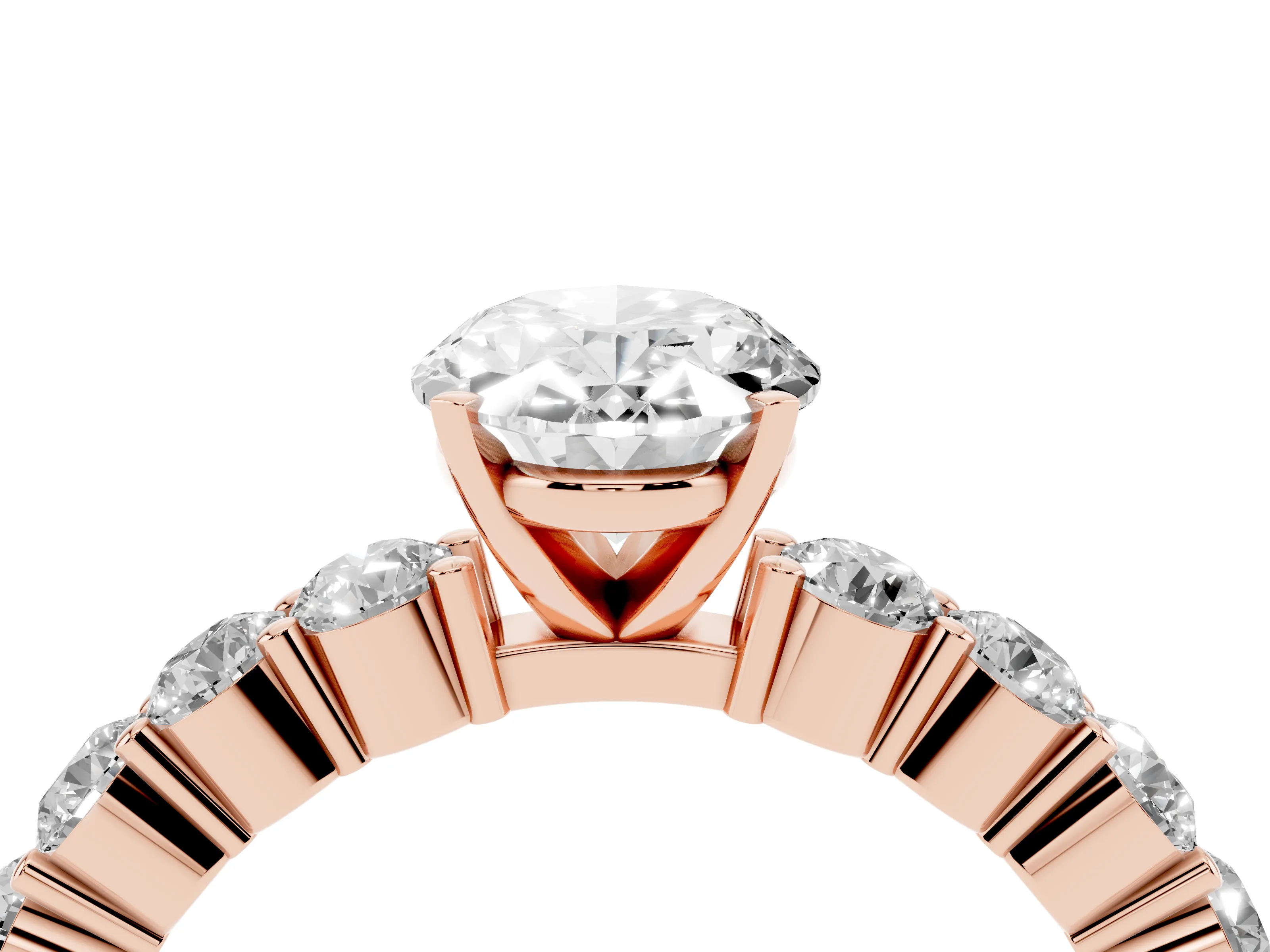 Oval Cut Diamond Solitaire Ring Set in Rose gold with Shared Prong Round Side Stones