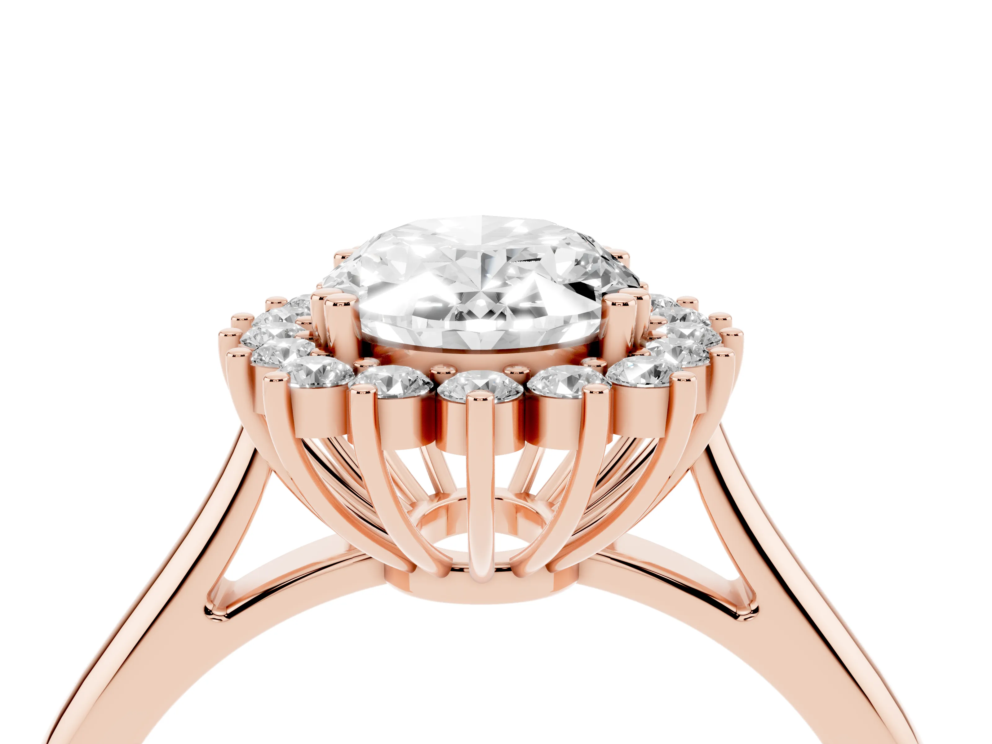 Oval Cut Diamond Halo Ring Set in Rose gold with Plain Solitaire Band and Prong Setting