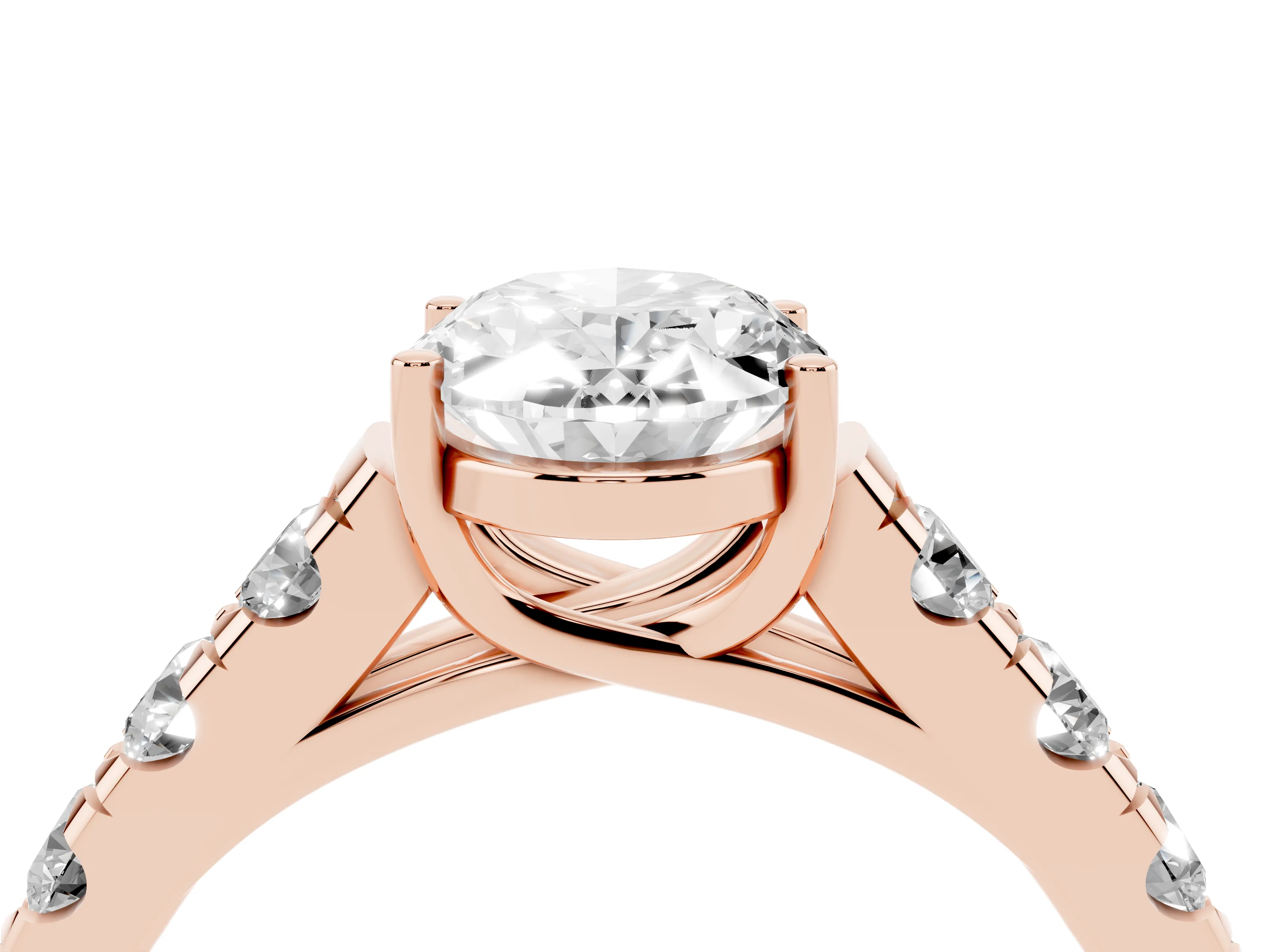 Oval Cut Diamond Solitaire Ring Set in Rose gold with Cut-Down Micro Pavé Band and Prong Setting