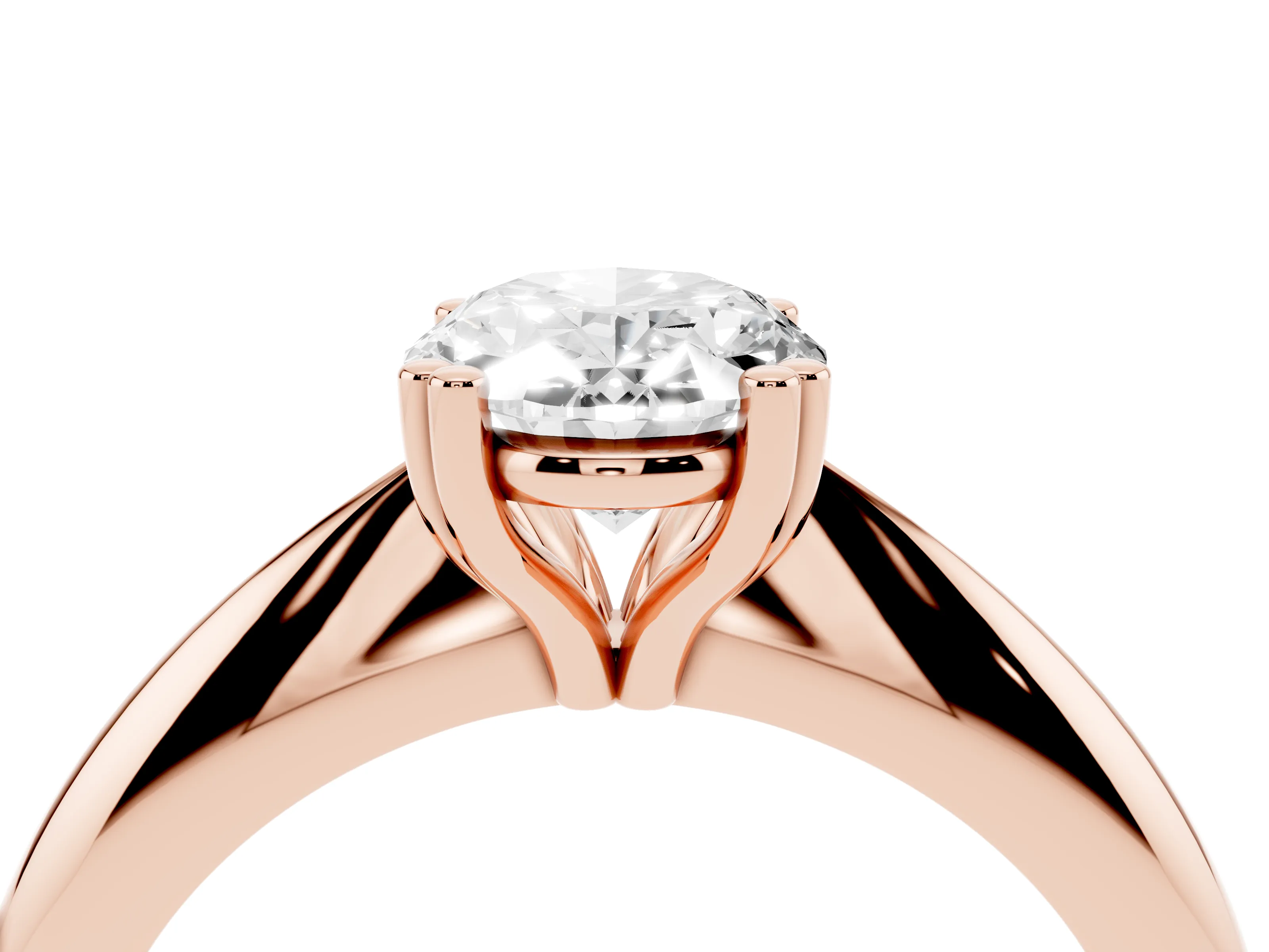 Oval Cut Diamond Solitaire Engagement Ring Set in Rose gold with Tapered Band and Prong Setting