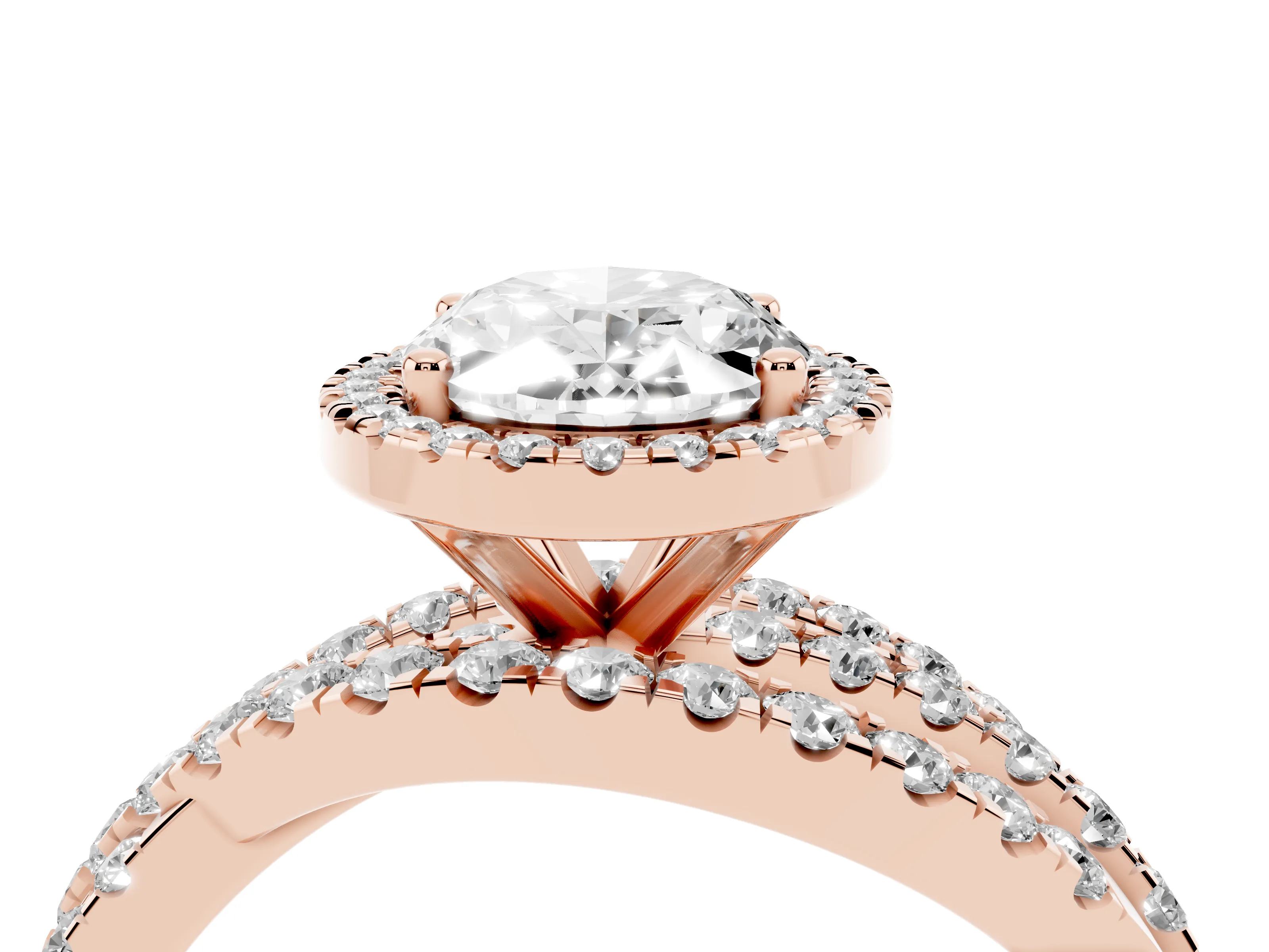 Oval Cut Diamond Halo Ring Set in Rose gold with Round Crossover Split Shank and Prong Setting
