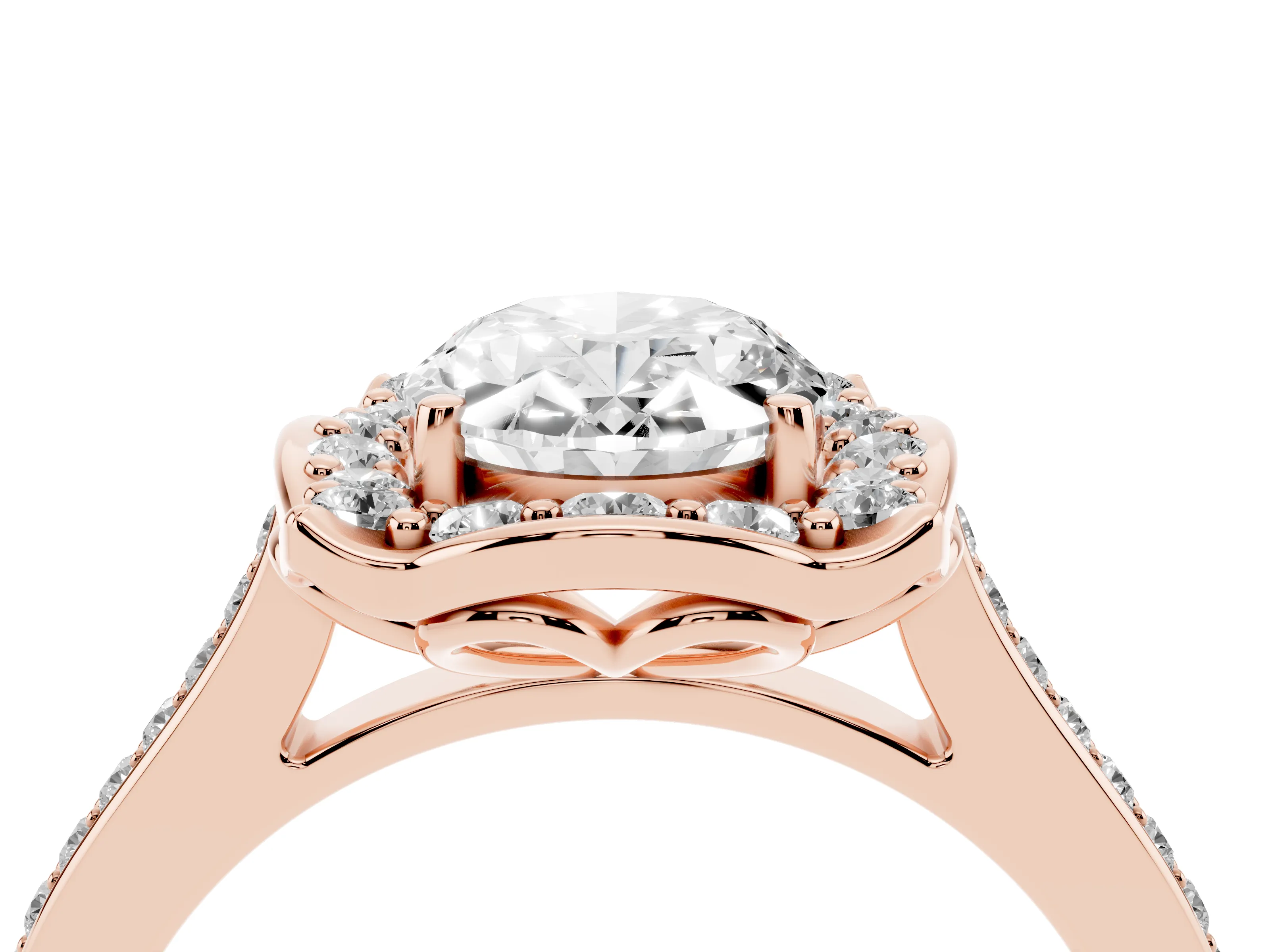 Oval Cut Diamond Halo Ring Set in Rose gold with Pavé-Lined Shoulders and Prong Setting