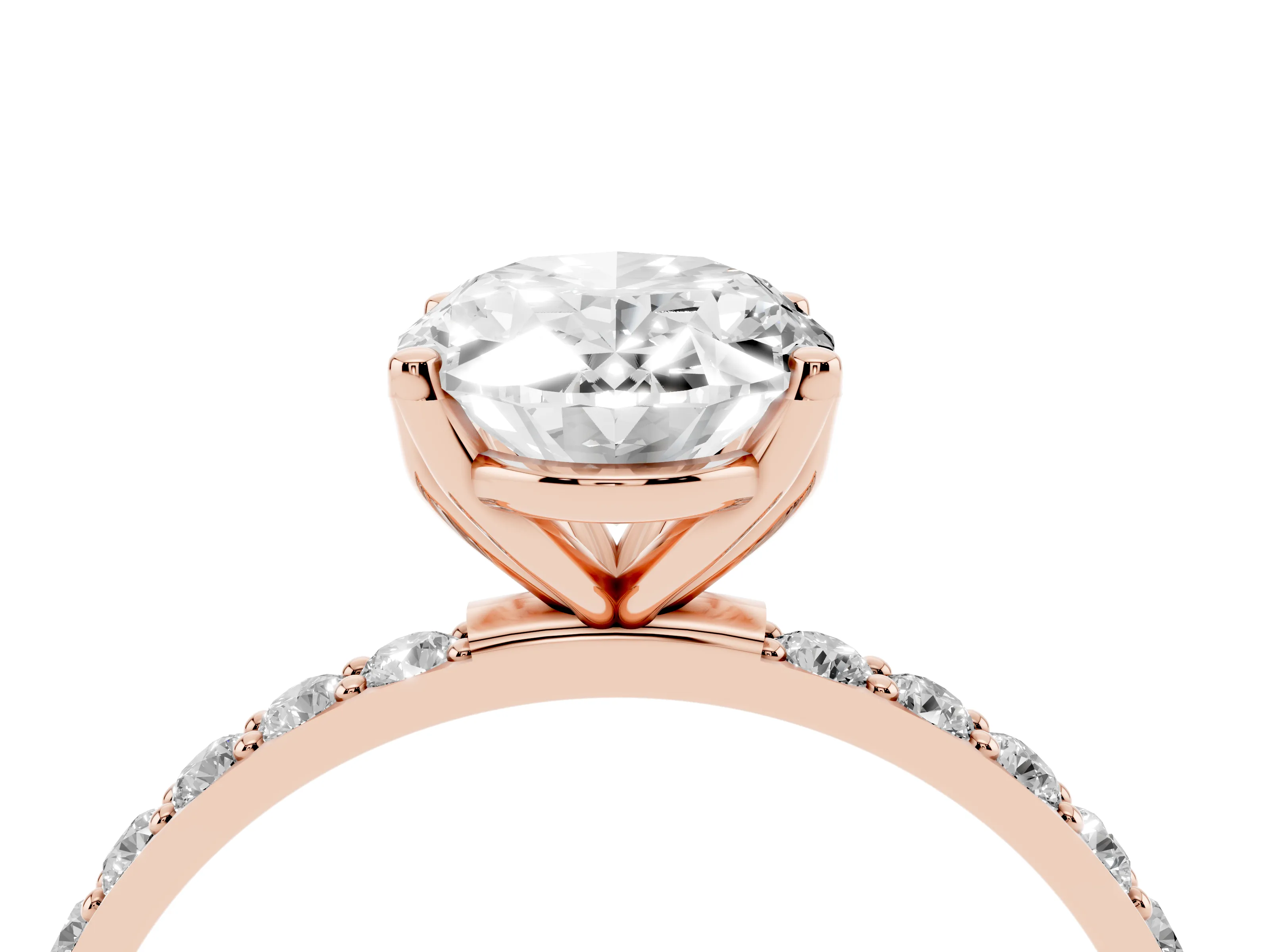 Oval Cut Diamond Solitaire Engagement Ring Set in Rose gold with Round Pavé Band and Prong Setting
