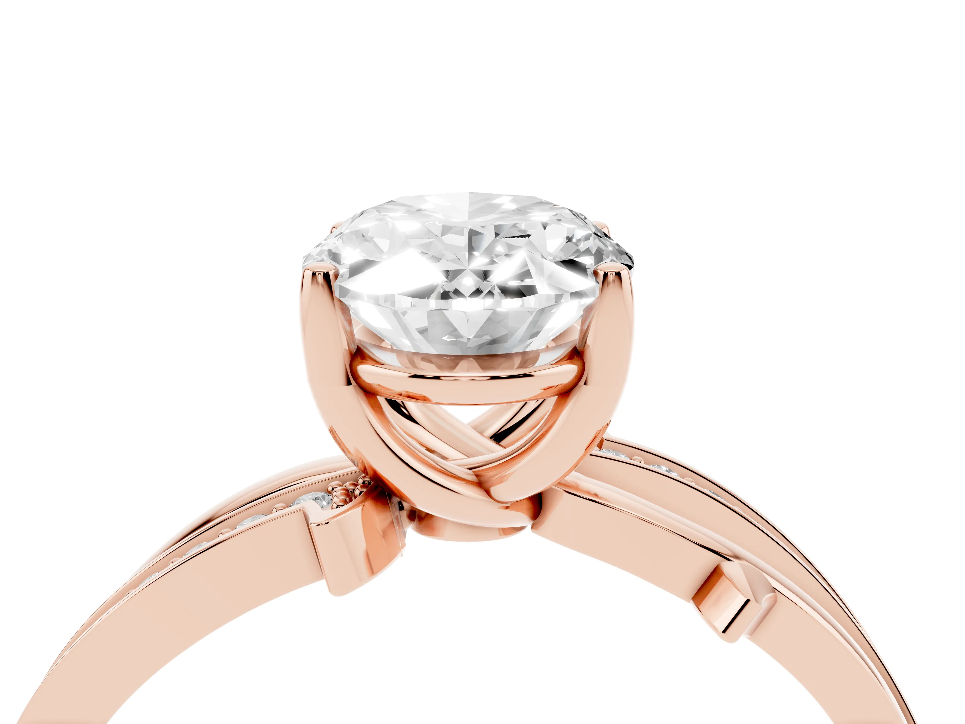 Oval Cut Diamond Pavé Twist Band Solitaire Ring Set in Rose gold with Prong Setting