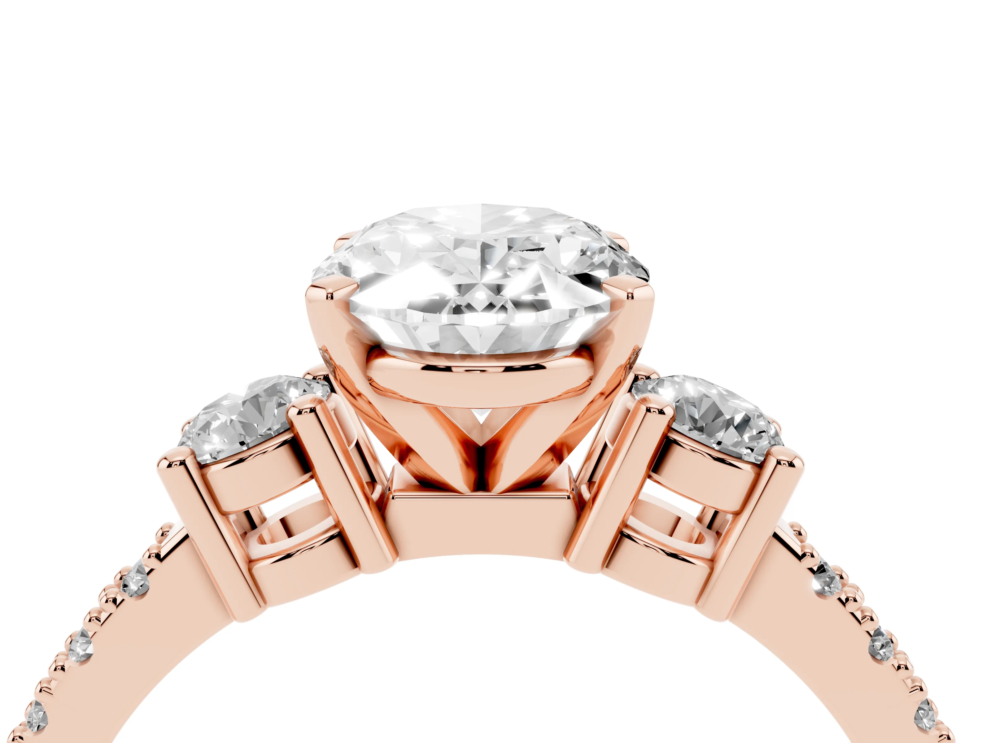 Three-Stone Oval Cut Diamond Pavé Band Ring Set in Rose gold with Prong Setting