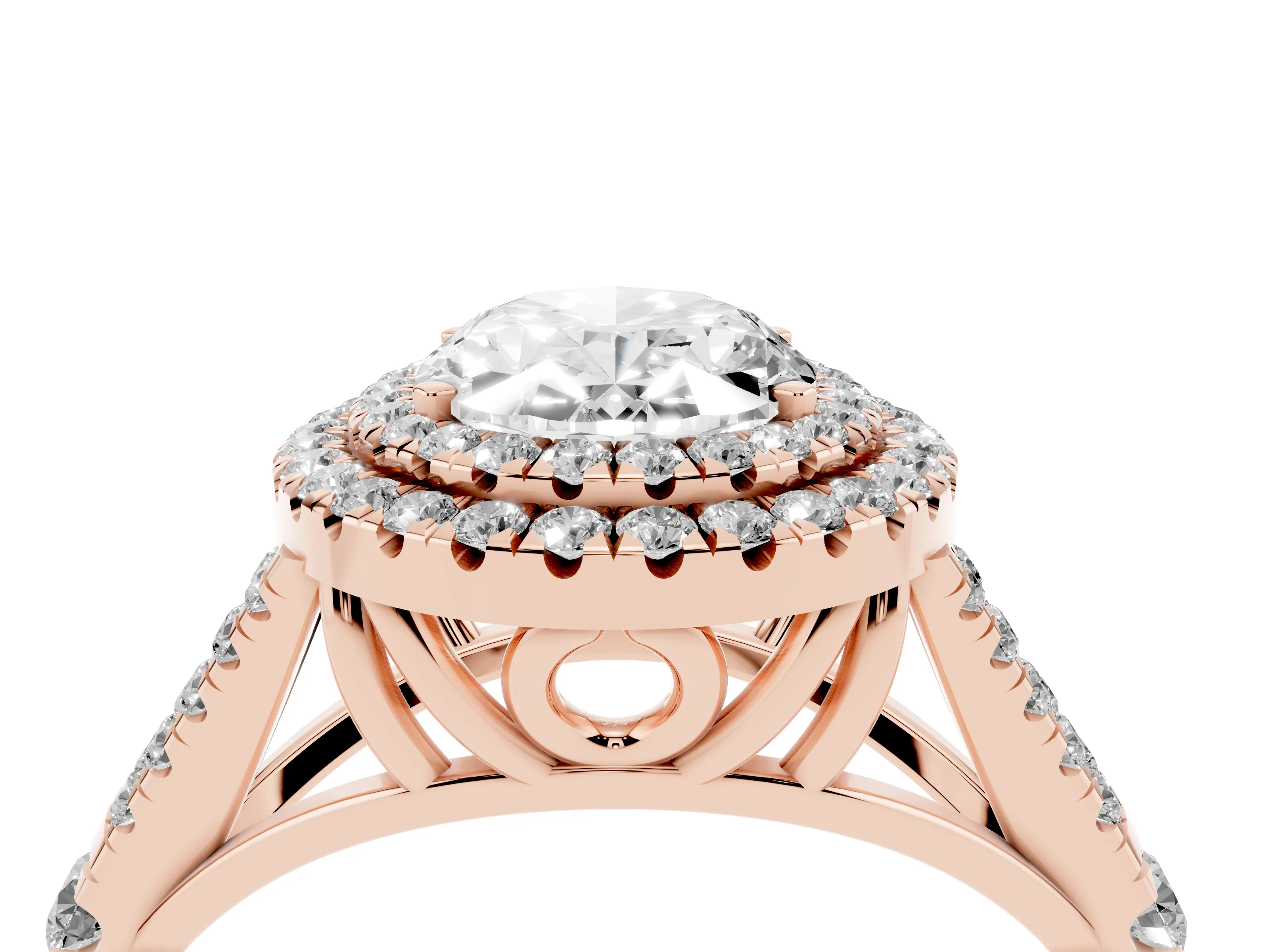 Oval Cut Diamond Pavé Split Shank Double Halo Engagement Ring Set in Rose gold
