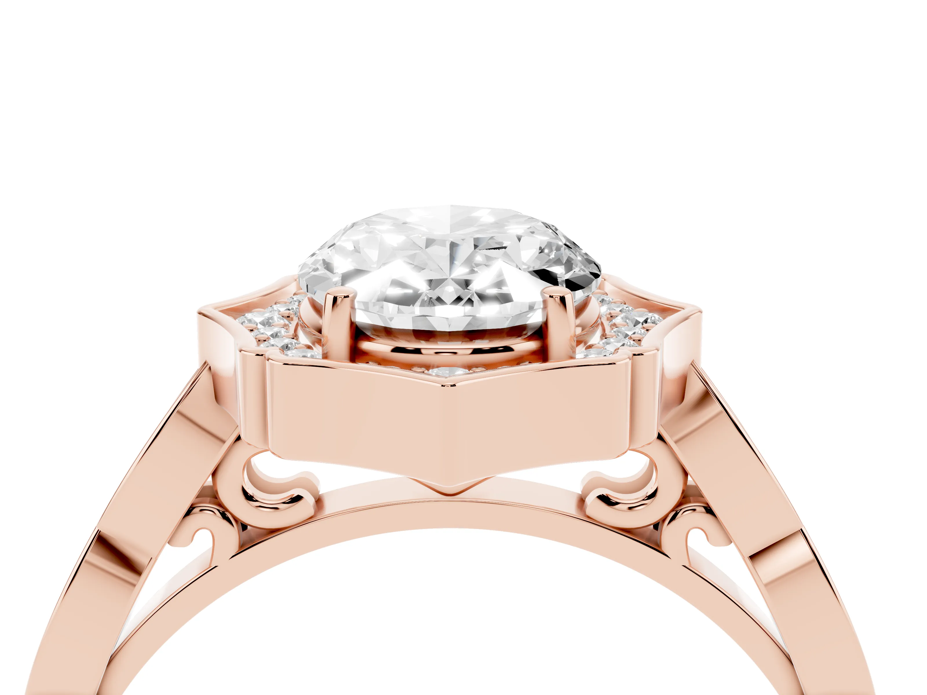Oval Cut Diamond Halo Engagement Ring Set in Rose gold with Milgrain Band and Prong Setting