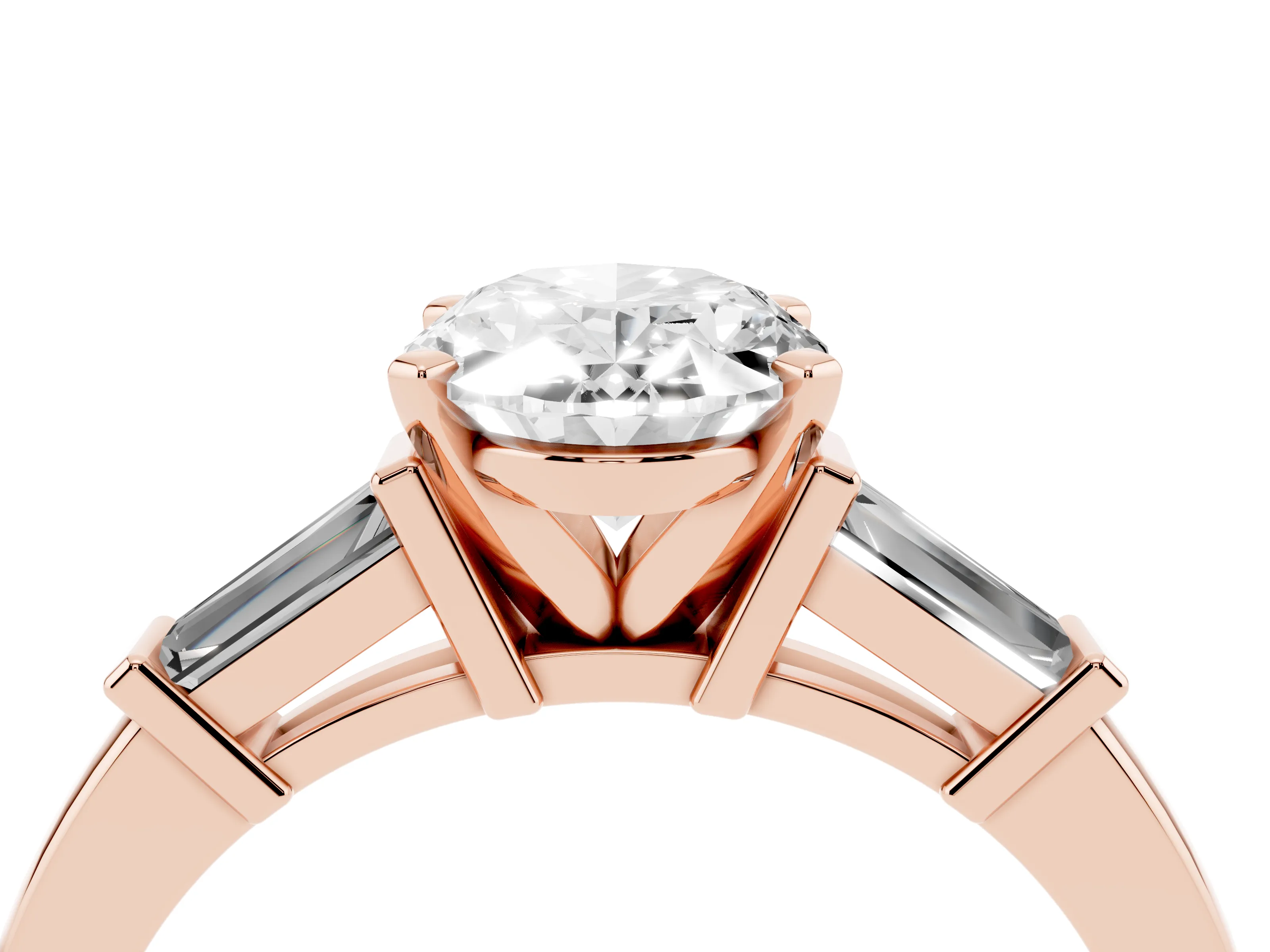 Oval Cut Diamond Solitaire Ring Set in Rose gold with Tapered Baguette Accents and Prong Setting