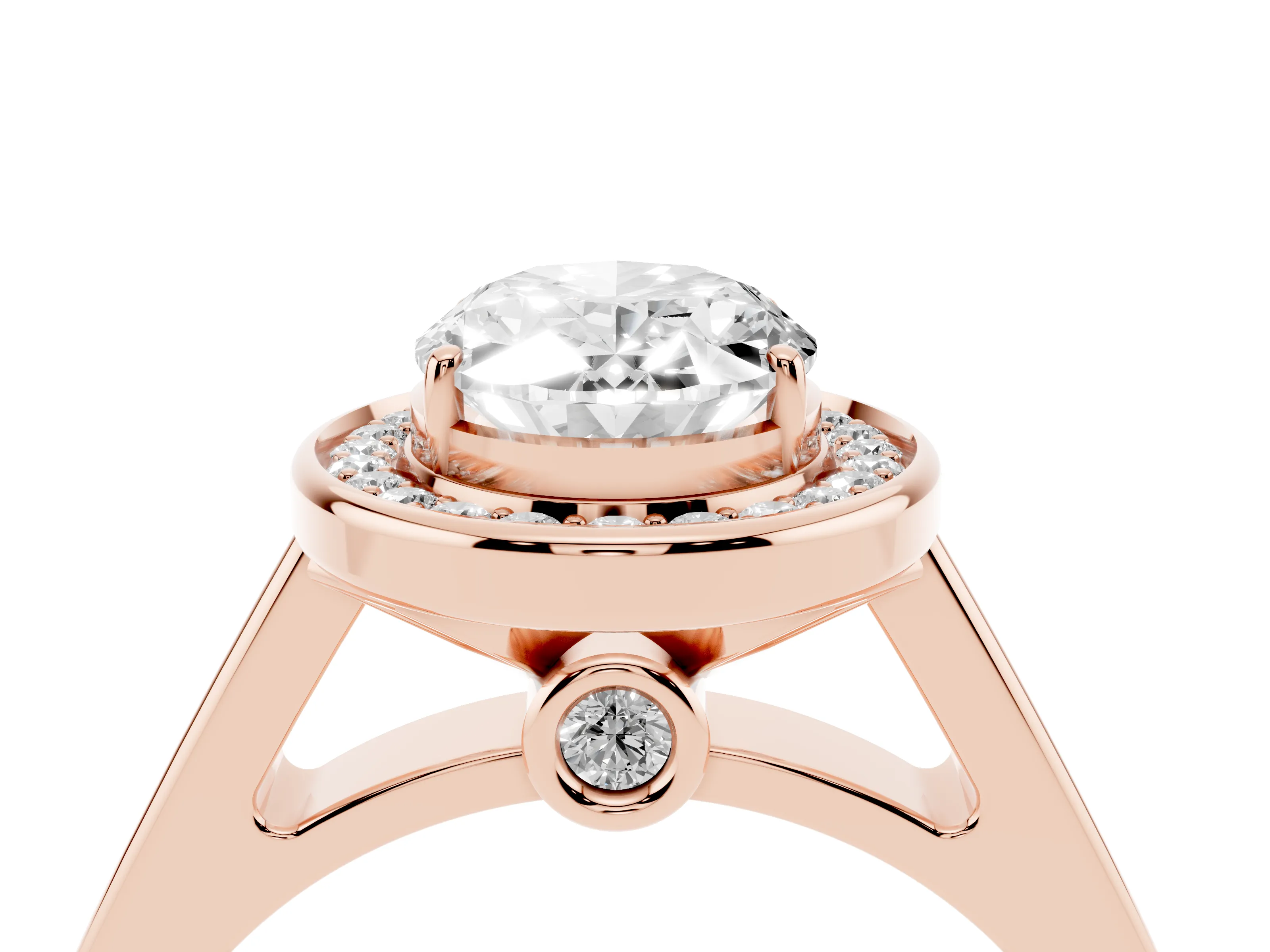 Oval Cut Diamond Halo Solitaire Ring Set in Rose gold with Pavé Band and Bezel Setting