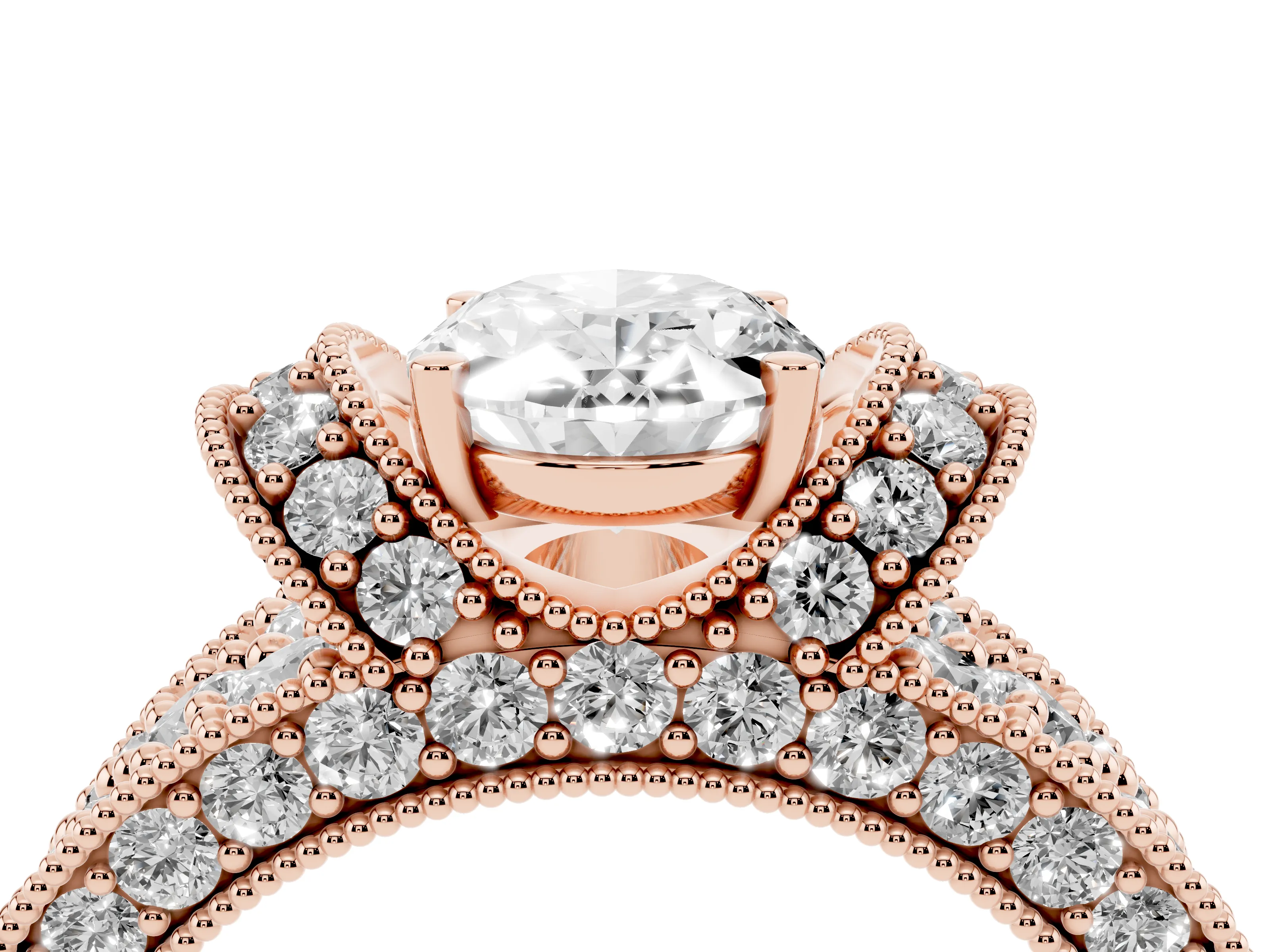 Oval Cut Diamond Milgrain Halo Pavé Engagement Ring Set in Rose gold with Prong Setting