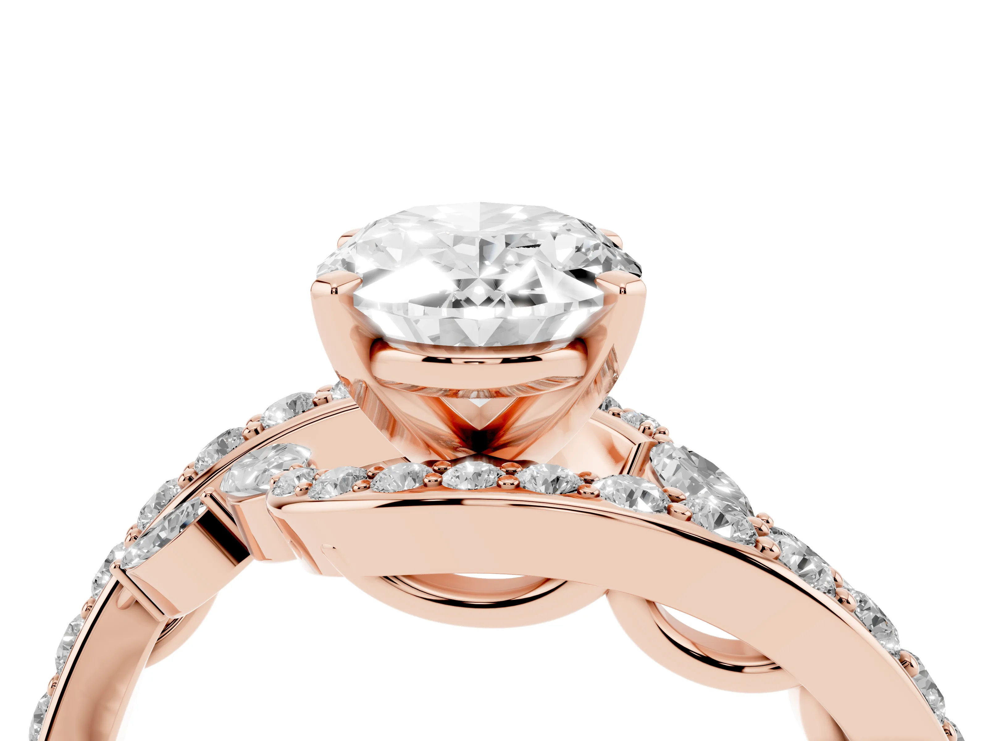 Oval Cut Diamond Solitaire Ring Set in Rose gold with Pavé Twist Band and Secure Prong Setting