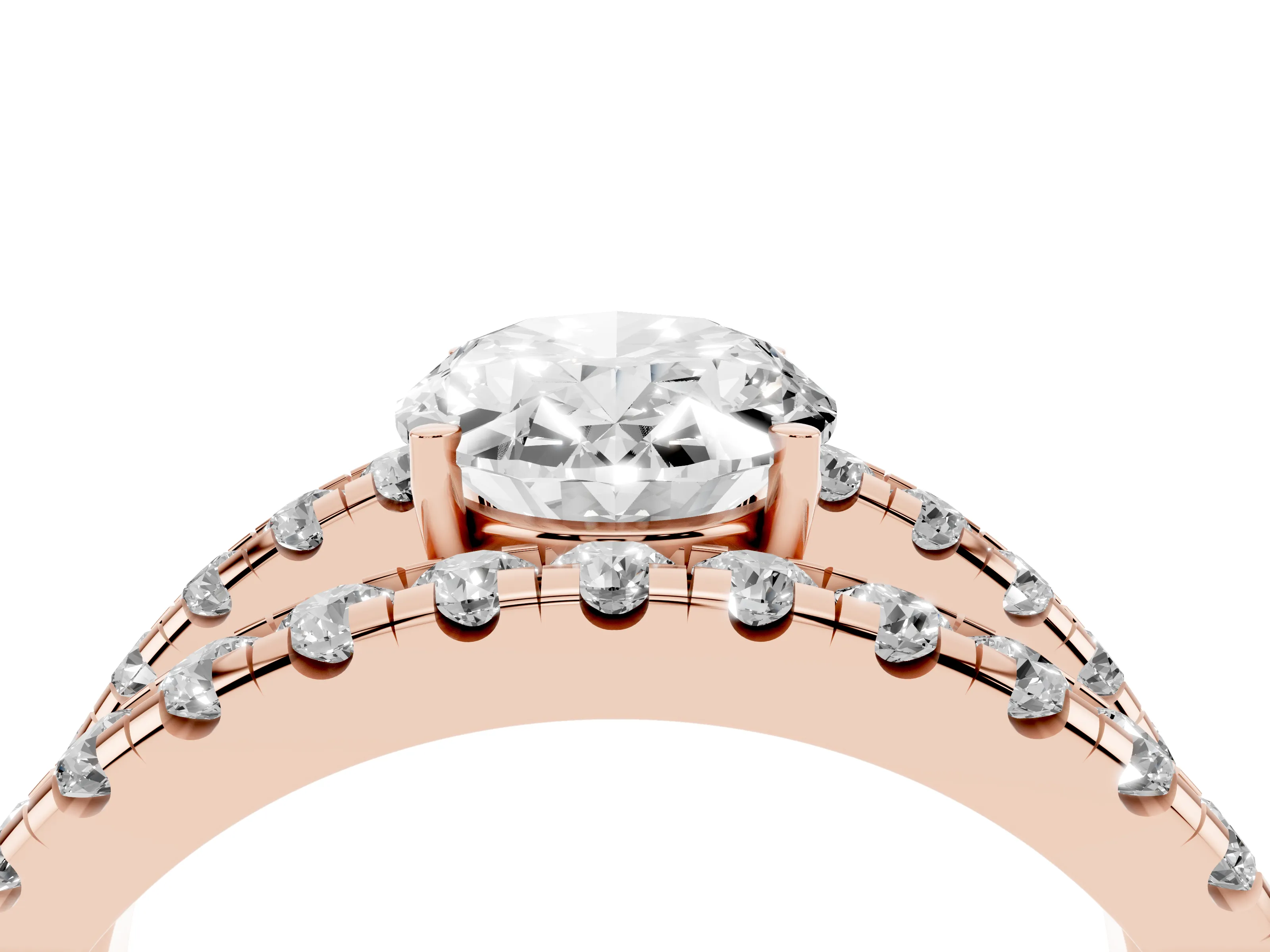 Oval Cut Diamond Split Shank Pavé Solitaire Ring Set in Rose gold with Open Shank Design