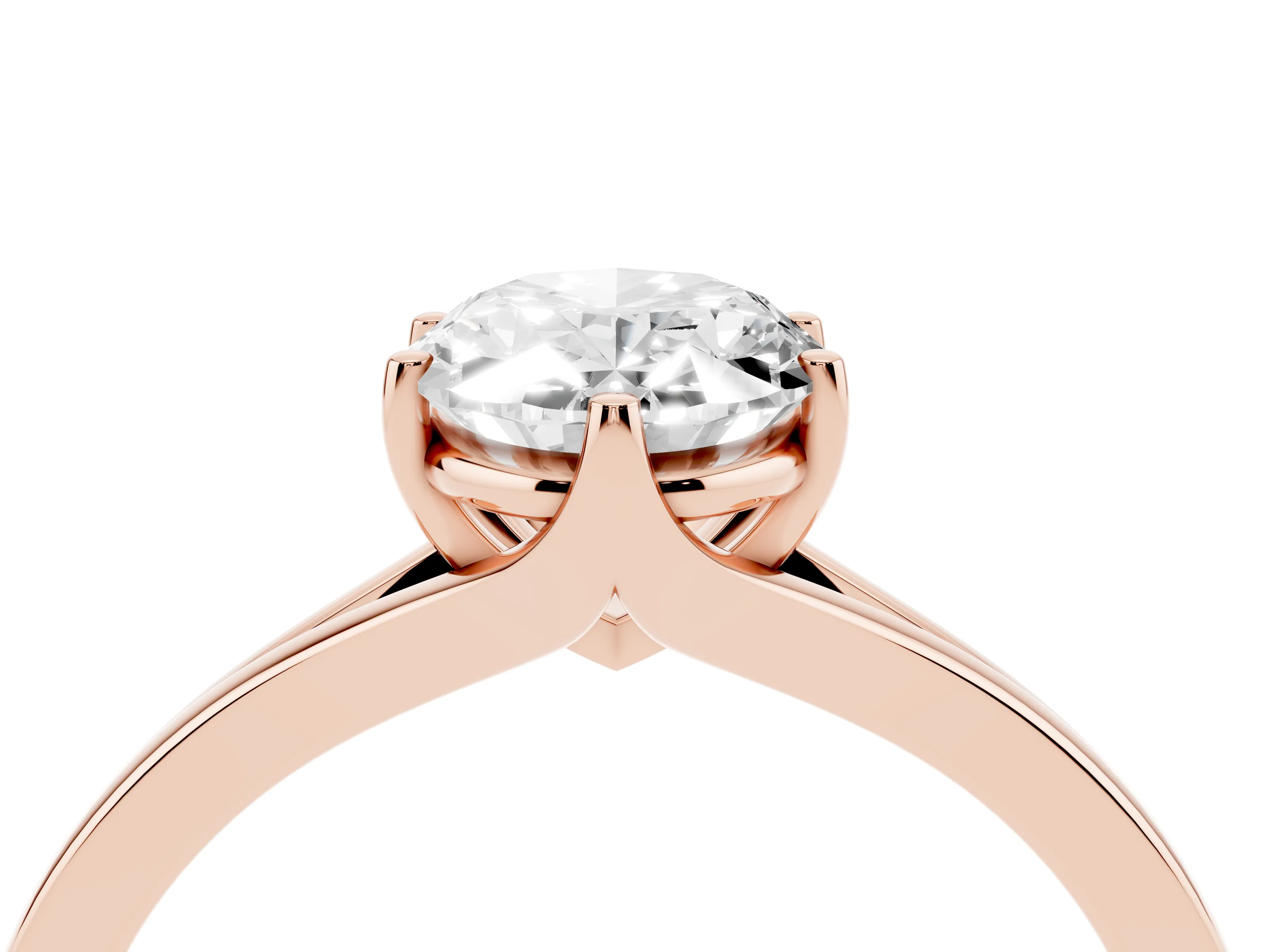 Oval Cut Diamond Solitaire Ring Set in Rose gold with Polished Tapered Band and Prong Setting